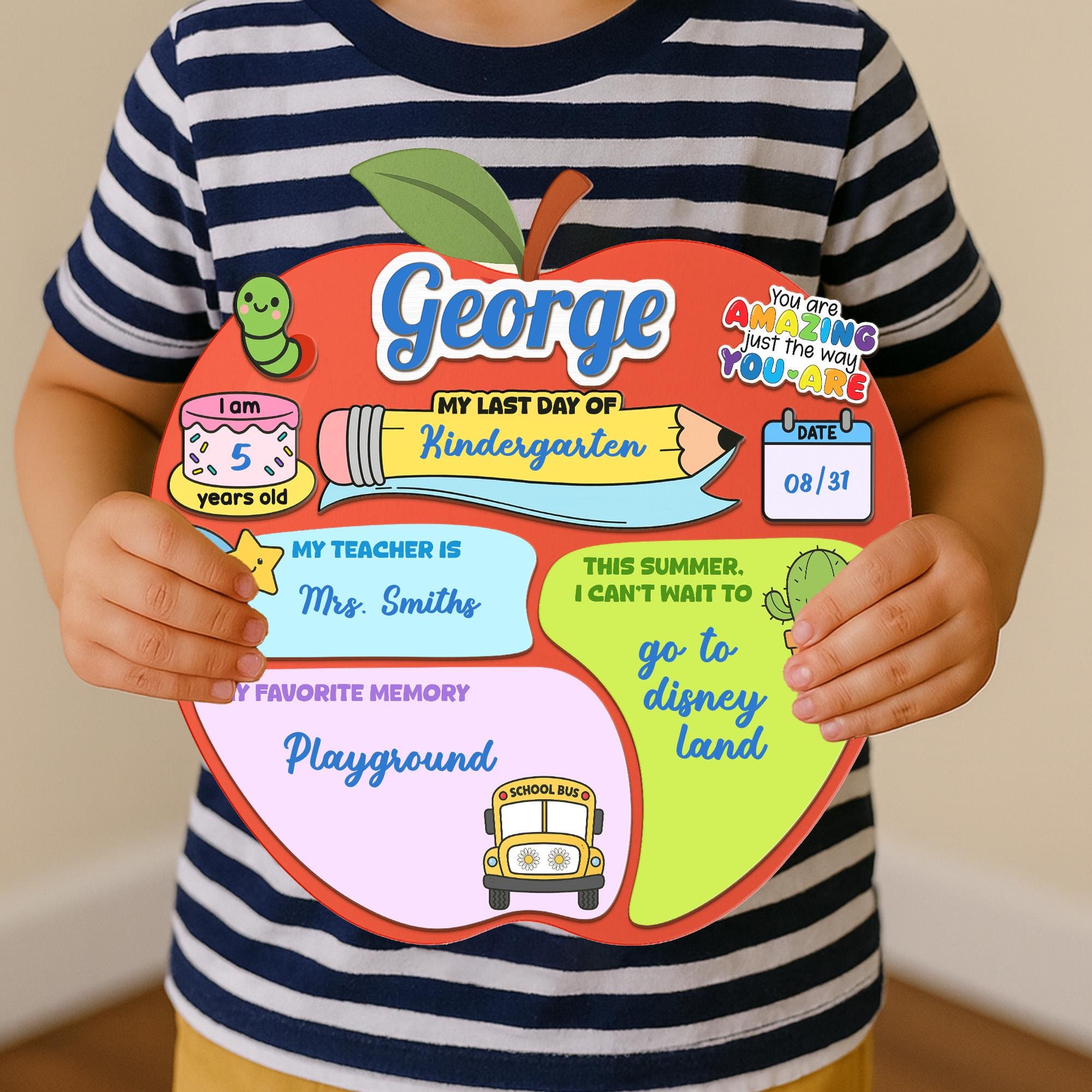 Custom Wooden Apple Reusable School Sign, Personalized First Day, Last Day of School Board, Kids Memory Sign, Teacher Gift Keepsake