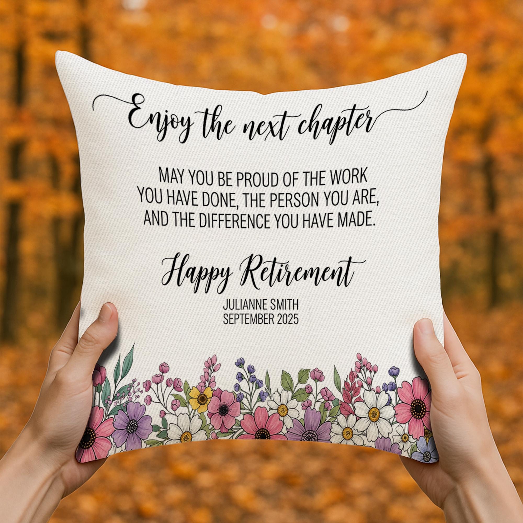 Custom Retirement Pillow, Personalized Gift for Retiree, Retirement Decor with Name & Date, Floral Throw Pillow, Coworker Farewell Gift