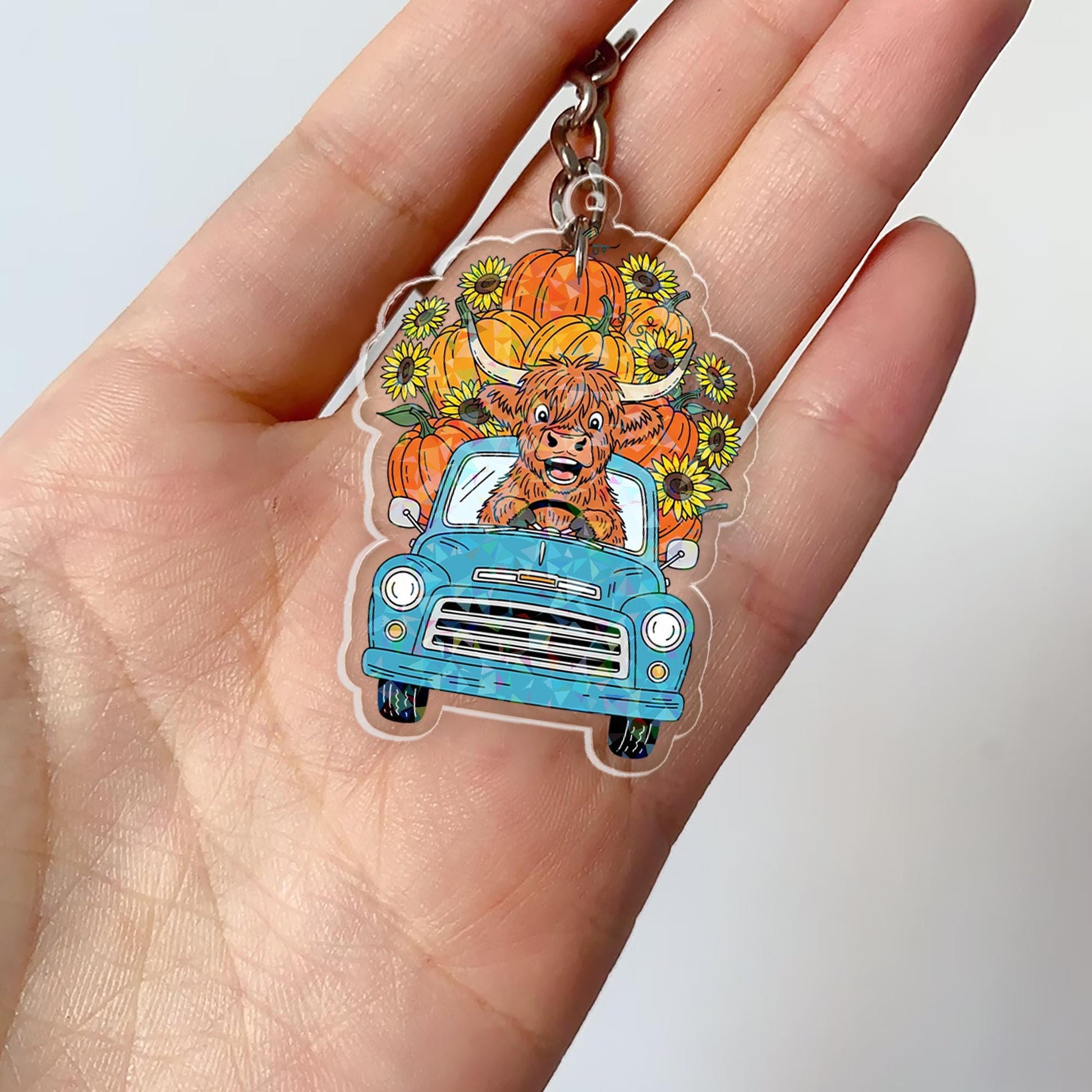 Highland Cow Keychain: Acrylic Pumpkin & Sunflower Charm