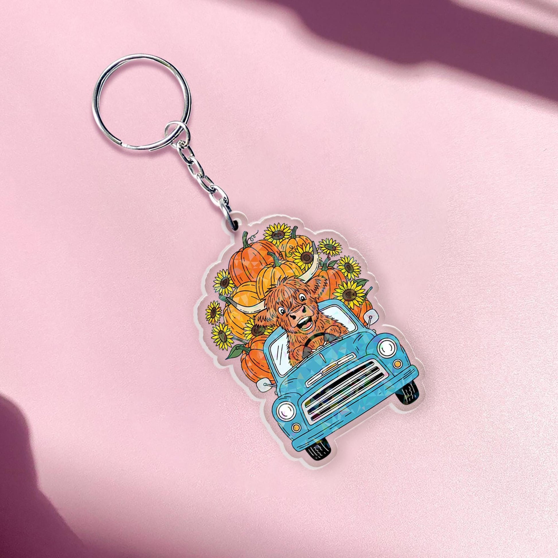 Highland Cow Keychain: Acrylic Pumpkin & Sunflower Charm