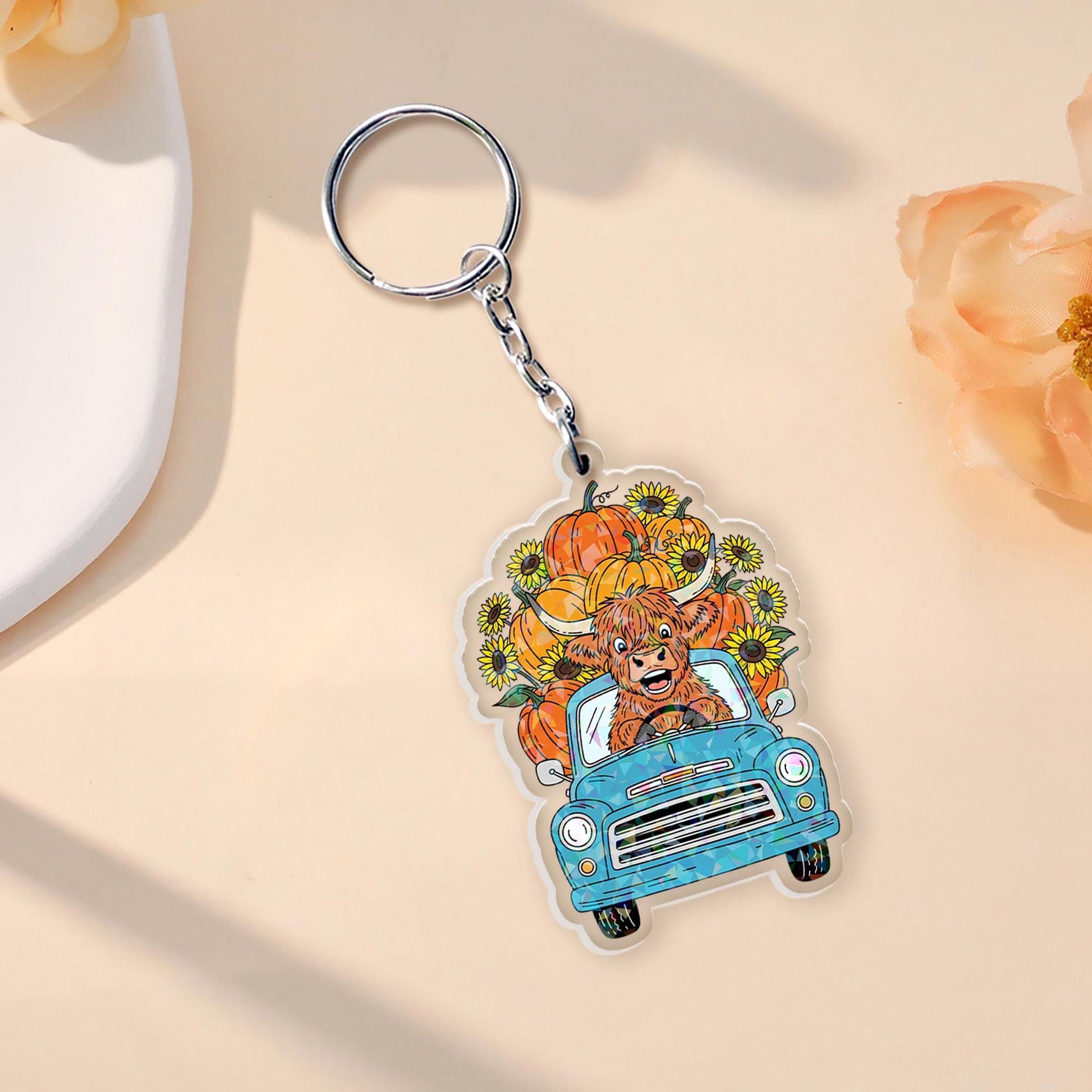 Highland Cow Keychain: Acrylic Pumpkin & Sunflower Charm