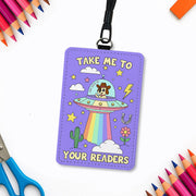 Cute Dog Alien UFO Badge Holder | Rainbow Teacher Lanyard | Funny ID Holder | Take Me To Your Readers Gift | Librarian Accessories