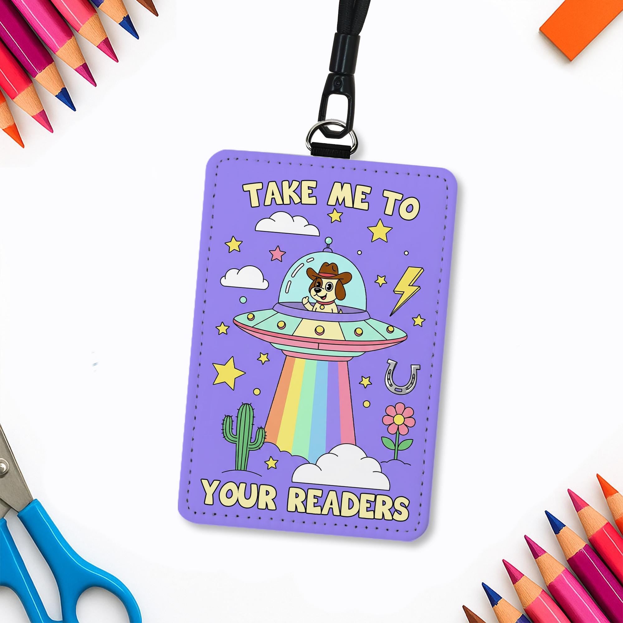 Cute Dog Alien UFO Badge Holder | Rainbow Teacher Lanyard | Funny ID Holder | Take Me To Your Readers Gift | Librarian Accessories