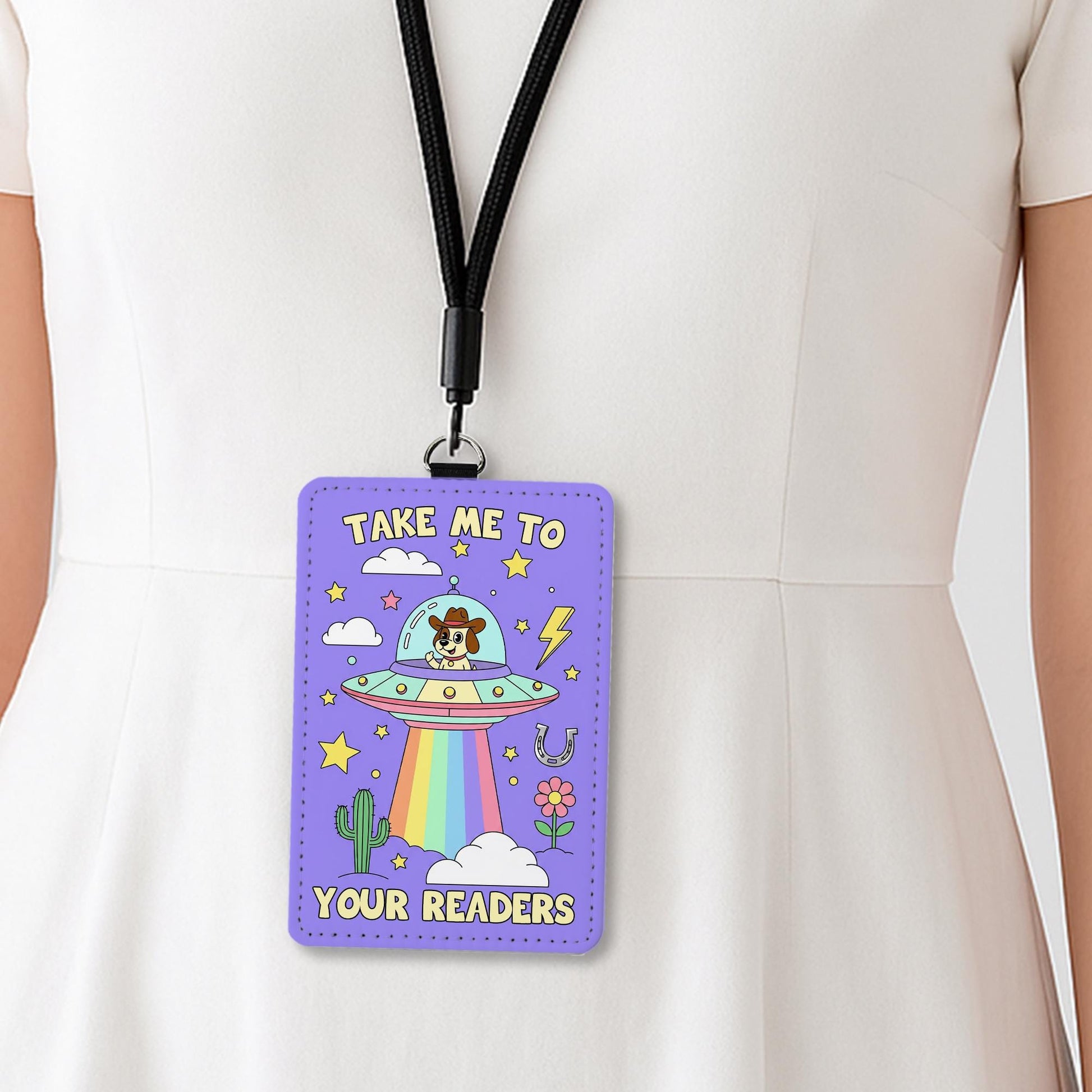 Cute Dog Alien UFO Badge Holder | Rainbow Teacher Lanyard | Funny ID Holder | Take Me To Your Readers Gift | Librarian Accessories
