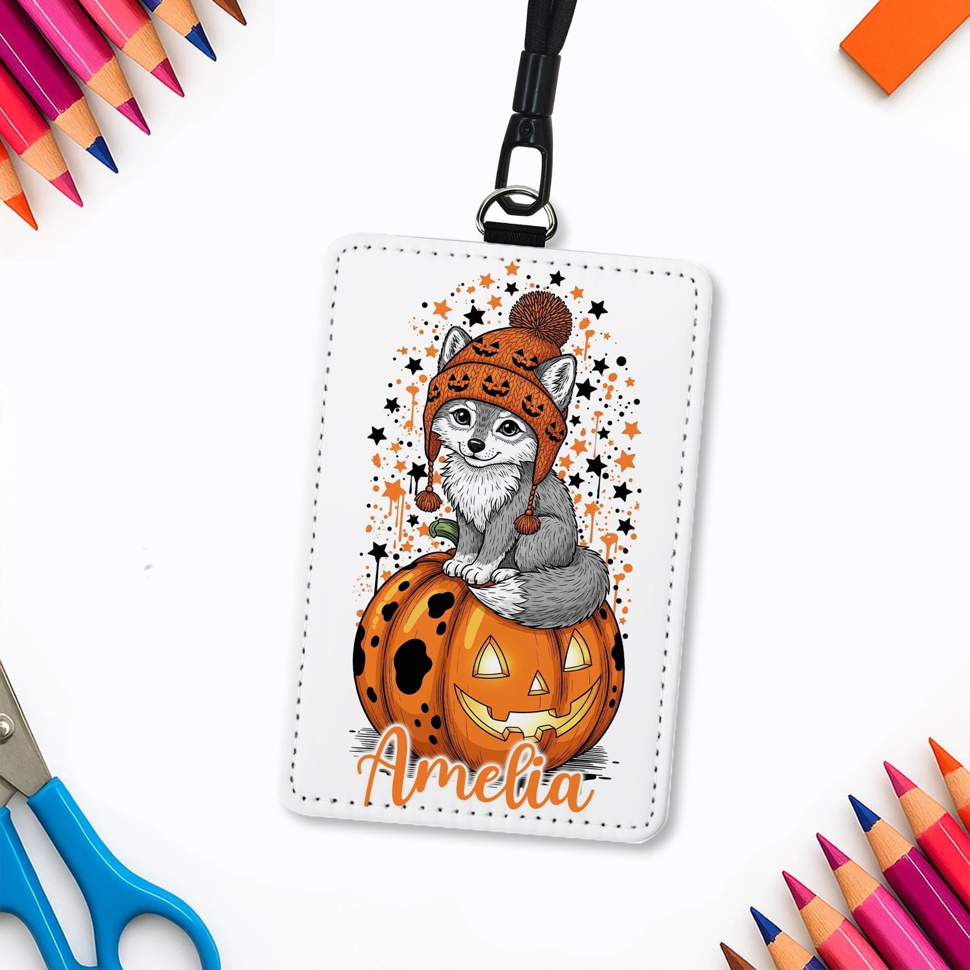 Personalized Halloween Wolf Badge Holder | Custom Pumpkin ID Lanyard | Cute Fall Name Tag | Spooky Teacher Gift | Autumn Work Accessory