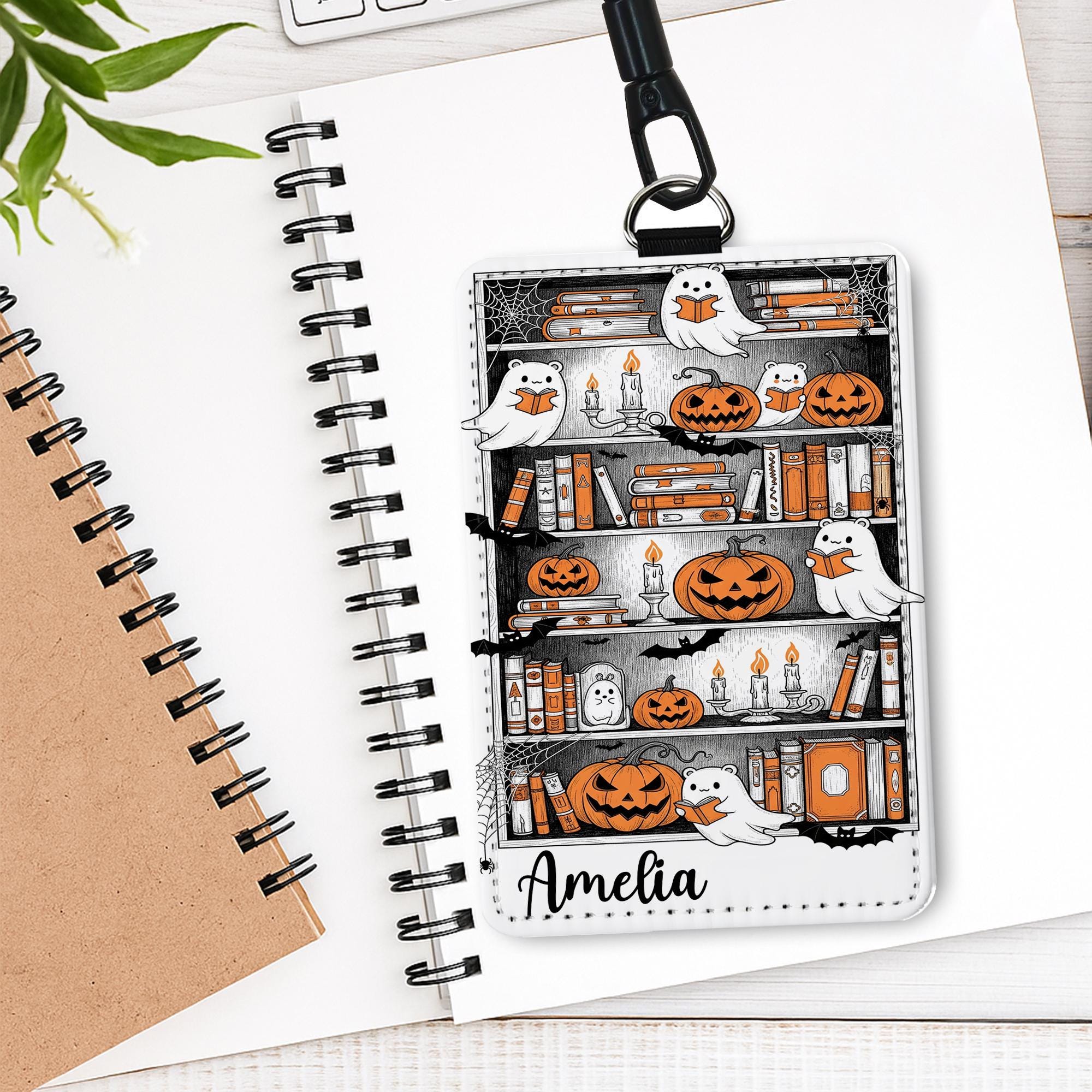 Personalized Halloween Ghost Bookshelf Badge Holder | Custom Pumpkin ID Lanyard | Spooky Teacher Gift | Book Lover Fall Work Accessory
