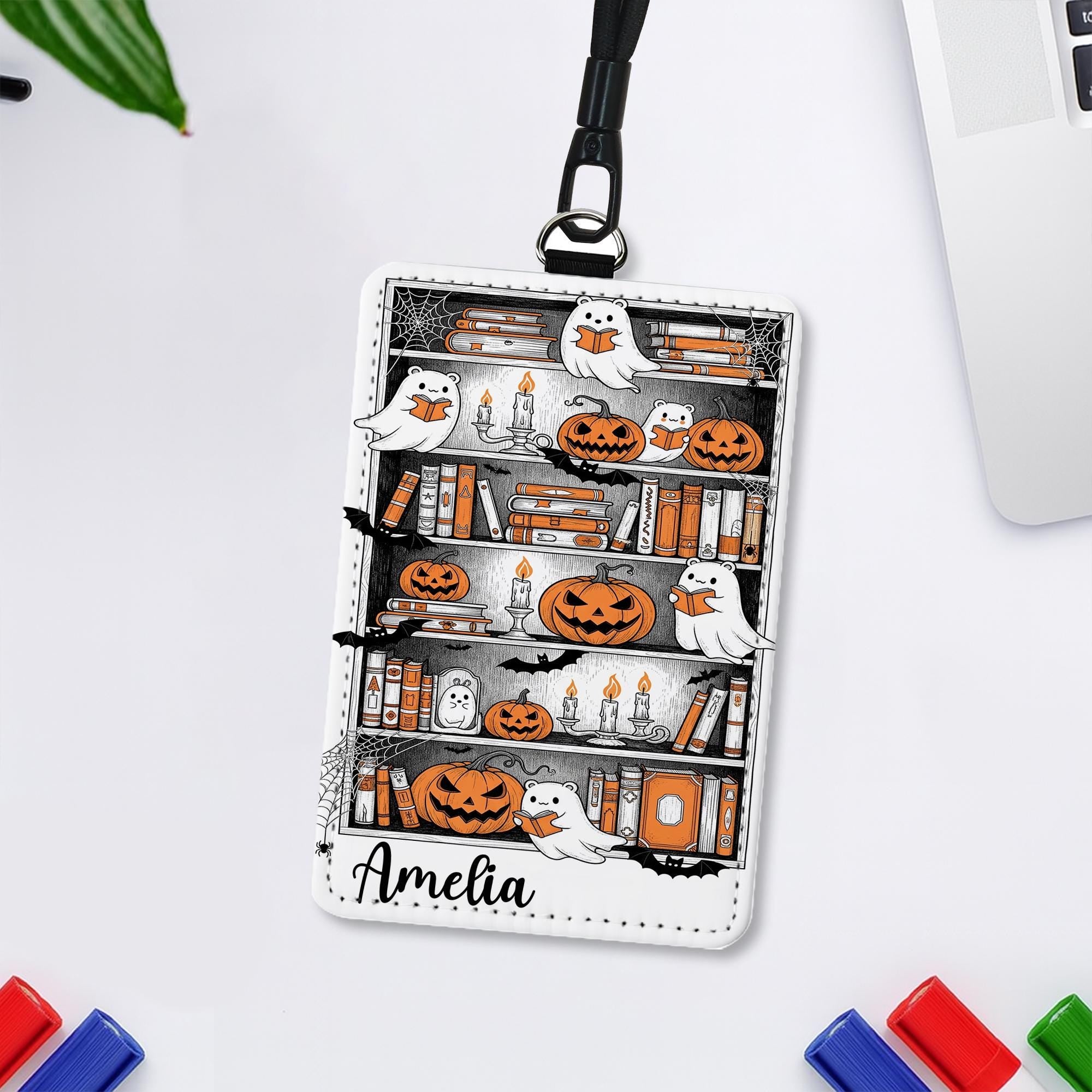 Personalized Halloween Ghost Bookshelf Badge Holder | Custom Pumpkin ID Lanyard | Spooky Teacher Gift | Book Lover Fall Work Accessory