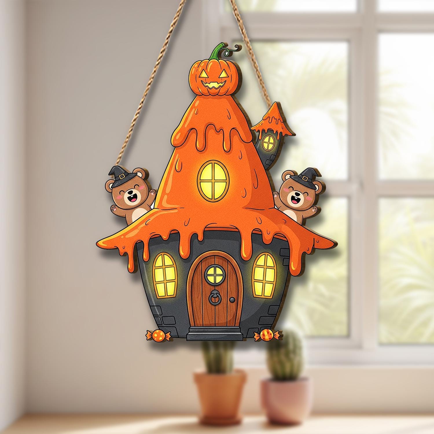 Halloween Pumpkin House Door Hanger | Cute Bear Haunted House Sign | Fall Porch Wall Decor | Spooky Front Door Decoration