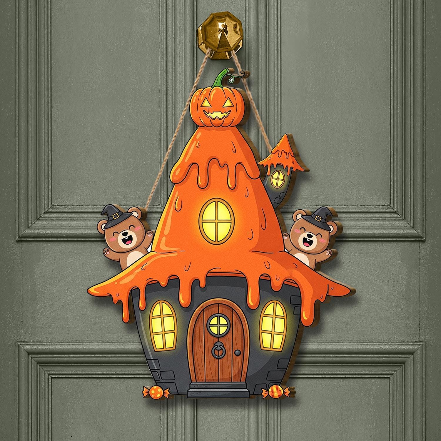 Halloween Pumpkin House Door Hanger | Cute Bear Haunted House Sign | Fall Porch Wall Decor | Spooky Front Door Decoration