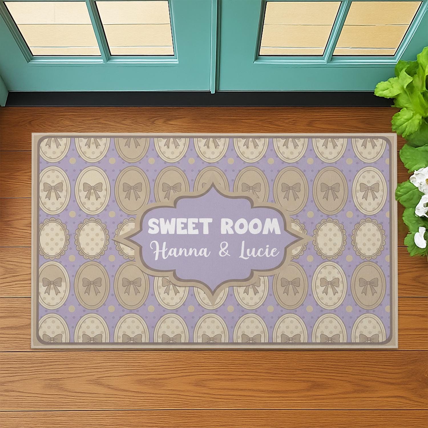 Personalized Sweet Room Doormat | Custom Name Rug for Roommates & Sisters | Cute Pastel Bow Mat | Dorm Bedroom Door Decor