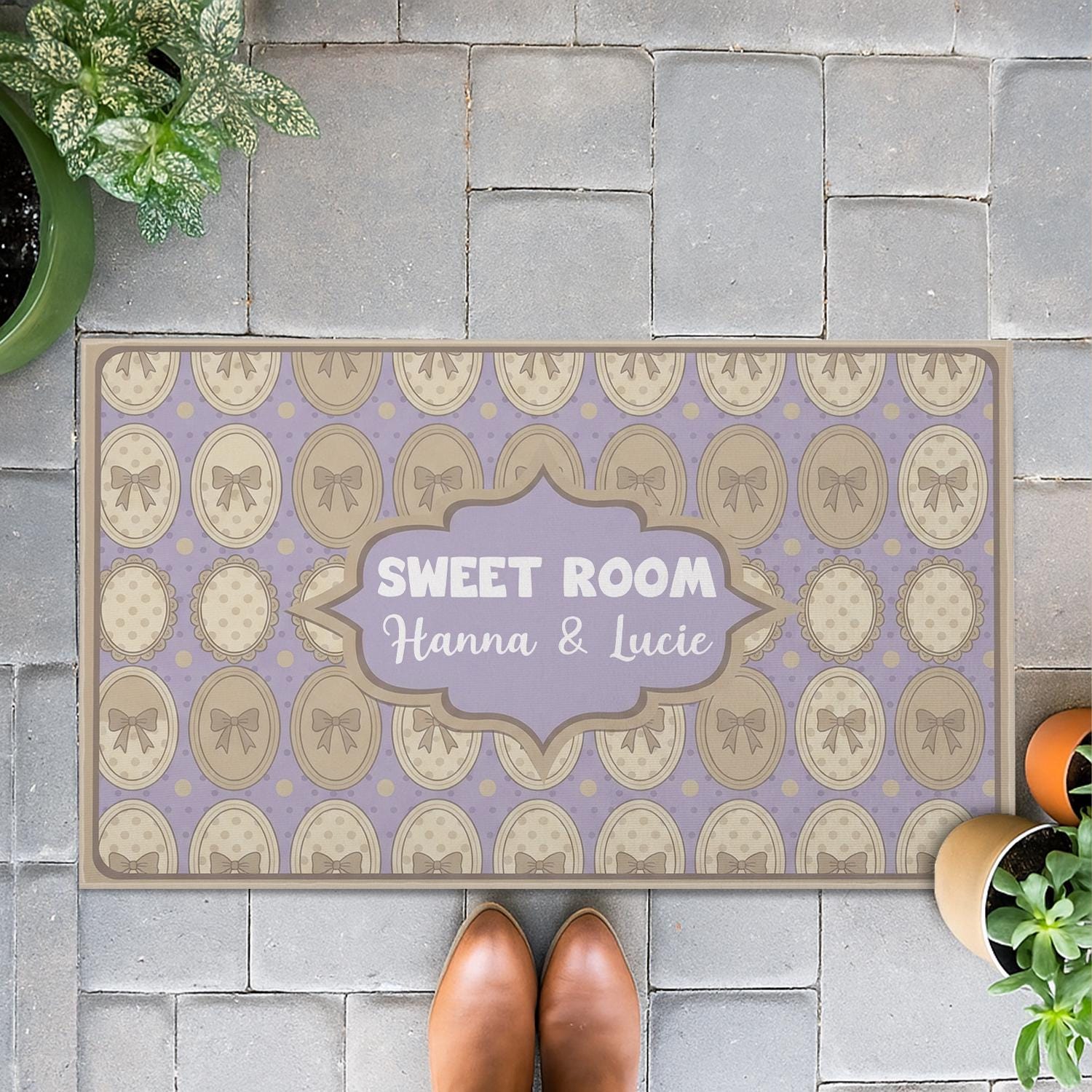 Personalized Sweet Room Doormat | Custom Name Rug for Roommates & Sisters | Cute Pastel Bow Mat | Dorm Bedroom Door Decor