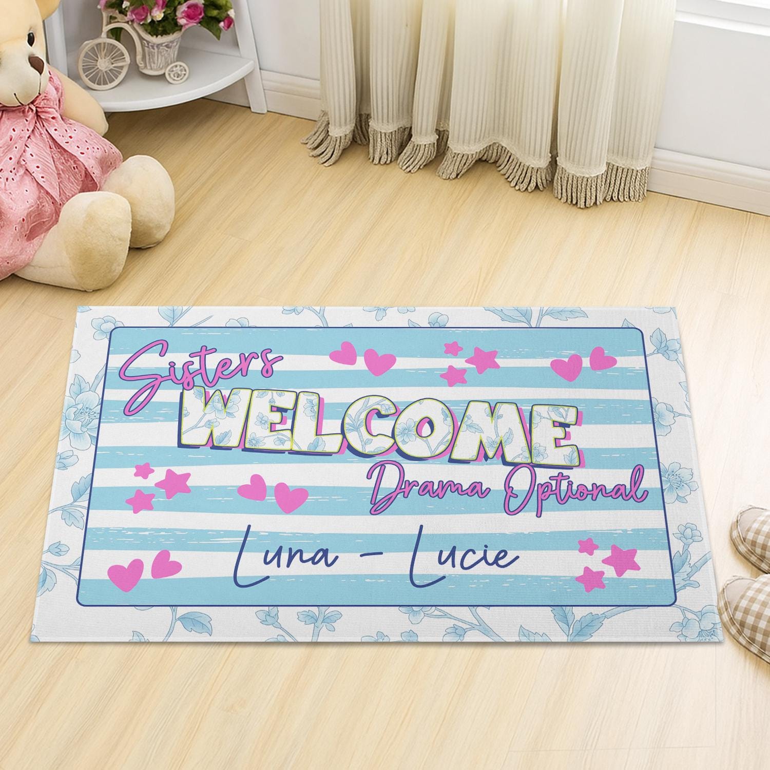 Sisters Welcome Drama Optional Doormat | Personalized Name Rug | Funny Sister Gift | Sorority Dorm Decor | Cute Roommate Door Mat