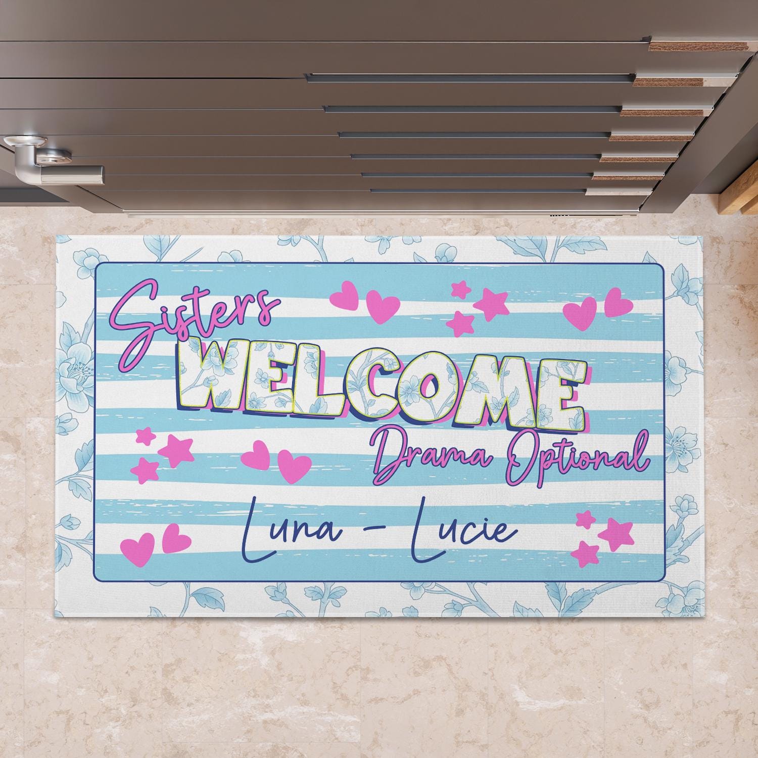 Sisters Welcome Drama Optional Doormat | Personalized Name Rug | Funny Sister Gift | Sorority Dorm Decor | Cute Roommate Door Mat