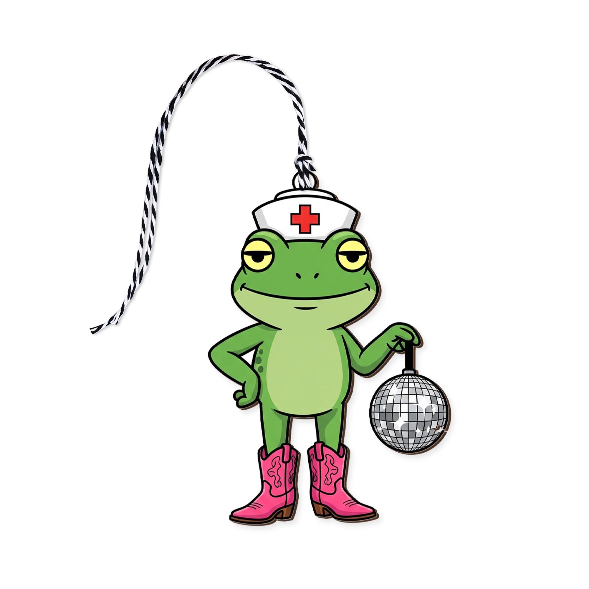 Funny Frog Basket Tag | Nurse Hat & Disco Ball Frog with Pink Cowboy Boots | Quirky Gift Basket Tag | Cute Novelty Party Decoration