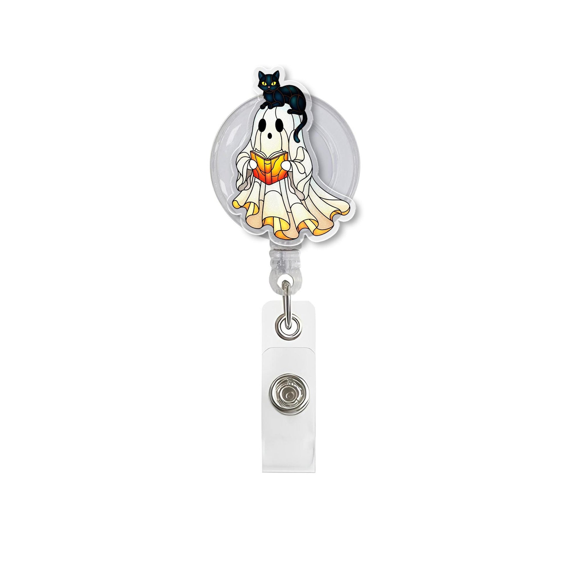 Ghost Badge Reel with Black Cat, Cute Nurse ID Holder, Retractable Halloween Badge Reel, Spooky Cute Badge Clip, Ghost ID Holder