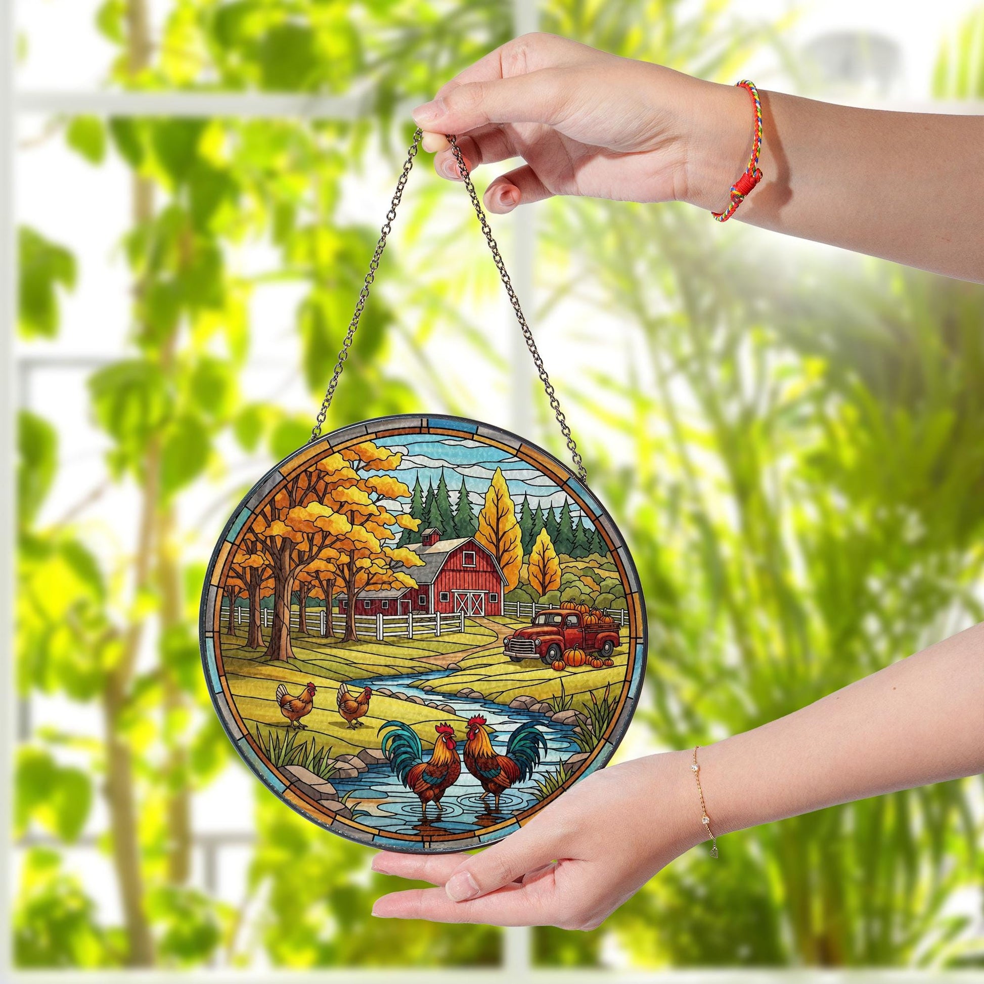 Farmhouse Faux Stained Glass Suncatcher | Rooster & Barn Window Hanging | Rustic Country Fall Decor with Chickens and Pumpkins