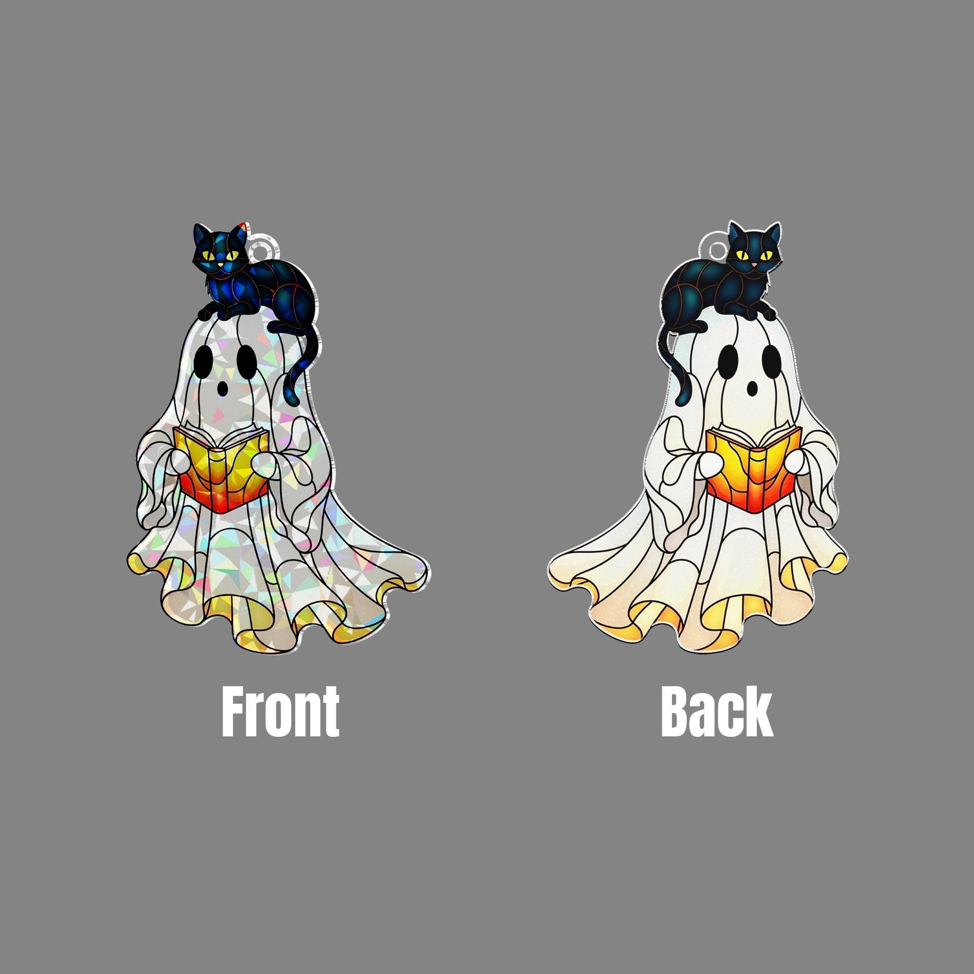 Ghost and Black Cat Acrylic Window Hanging, Holographic Suncatcher, Cute Halloween Decor, Cat Hanging Window Ornament