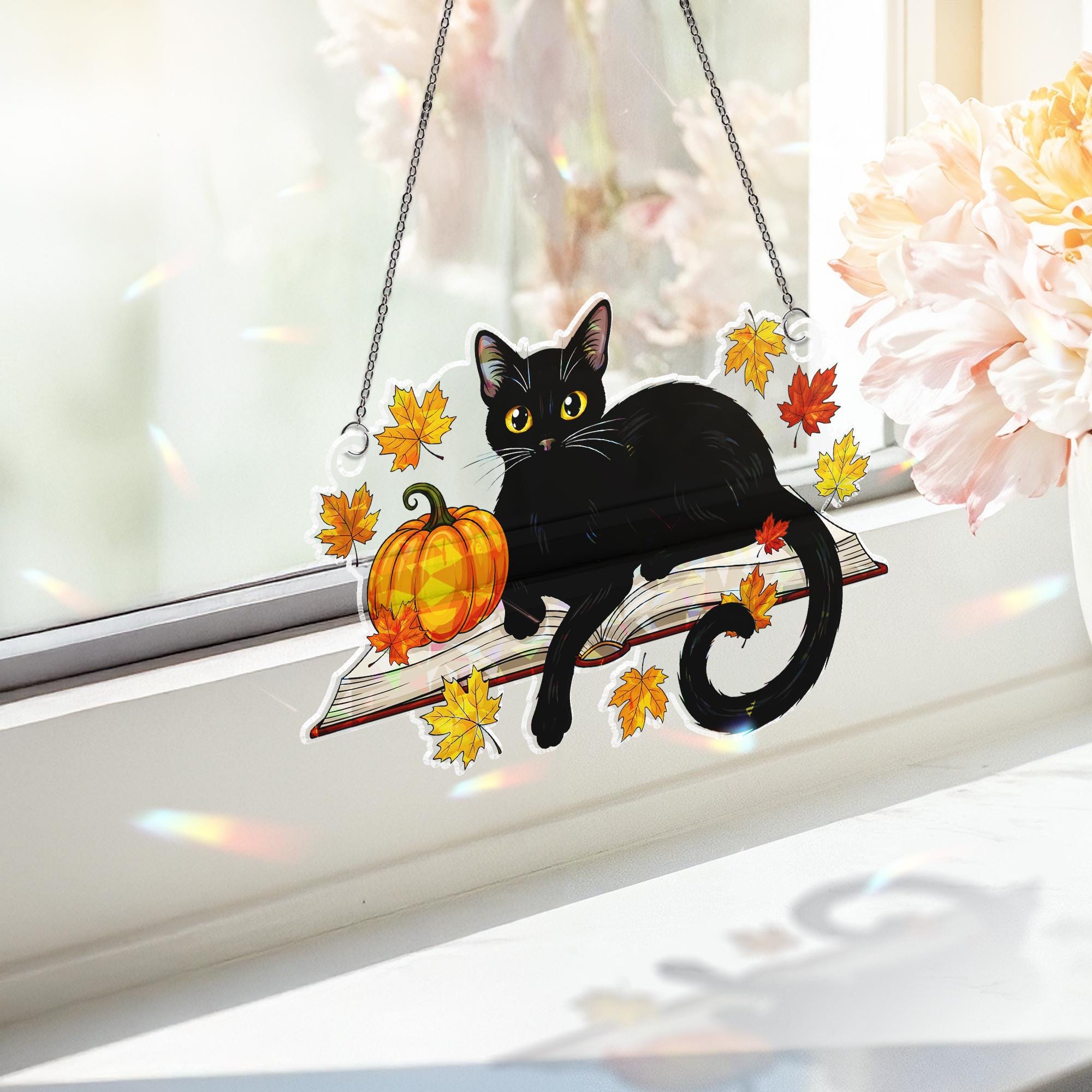 Black Cat Acrylic Window Hanging with Pumpkin, Autumn Leaves Holographic Suncatcher, Halloween Fall Window Decor Ornament