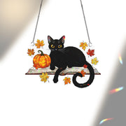 Black Cat Acrylic Window Hanging with Pumpkin, Autumn Leaves Holographic Suncatcher, Halloween Fall Window Decor Ornament