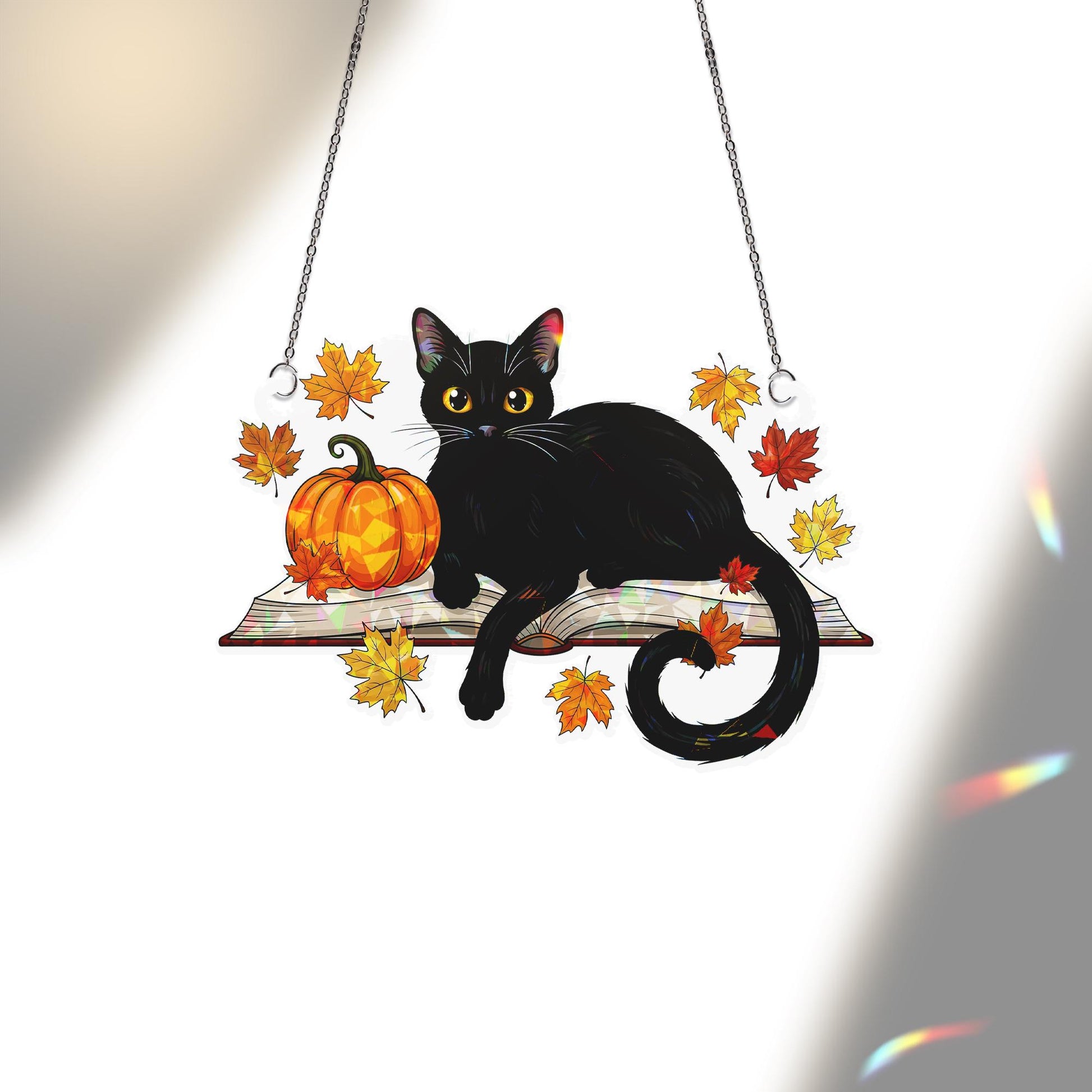 Black Cat Acrylic Window Hanging with Pumpkin, Autumn Leaves Holographic Suncatcher, Halloween Fall Window Decor Ornament