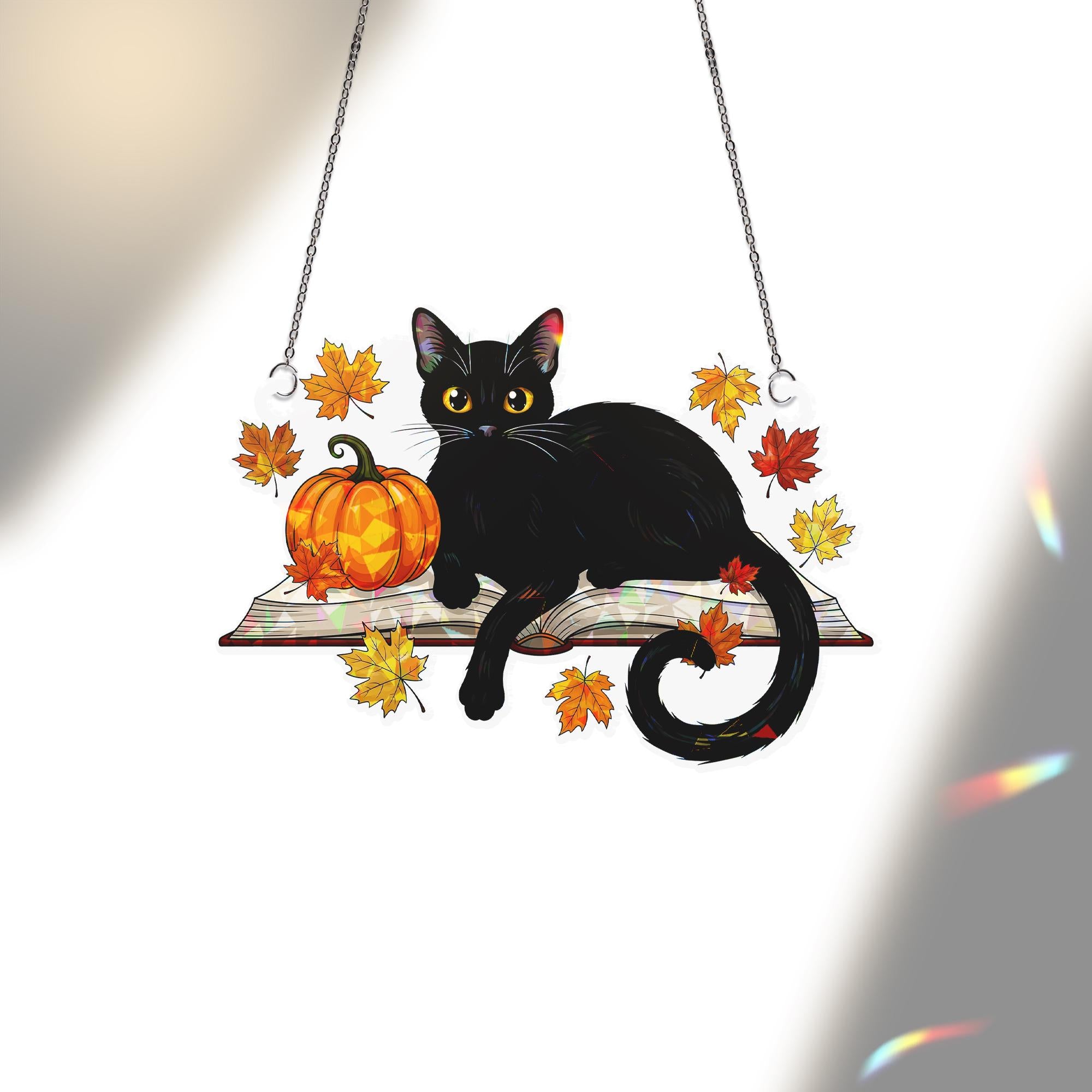 Black Cat Acrylic Window Hanging with Pumpkin, Autumn Leaves Holographic Suncatcher, Halloween Fall Window Decor Ornament