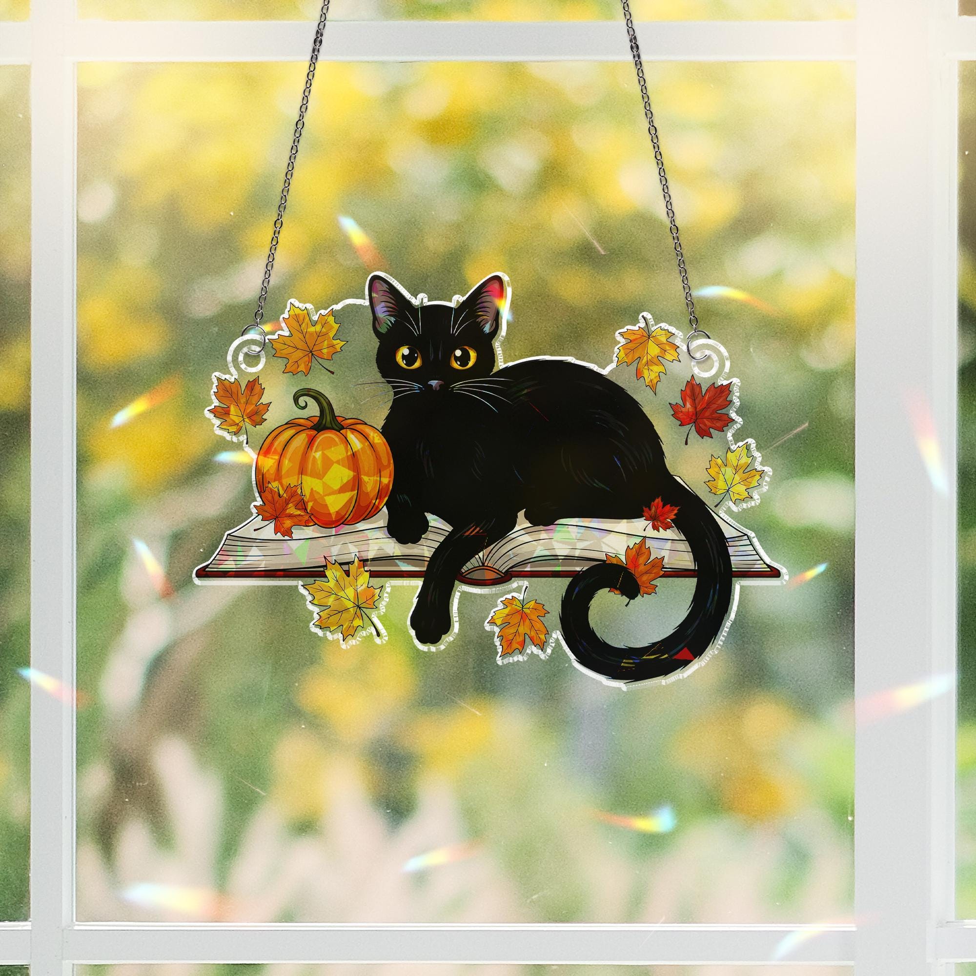 Black Cat Acrylic Window Hanging with Pumpkin, Autumn Leaves Holographic Suncatcher, Halloween Fall Window Decor Ornament