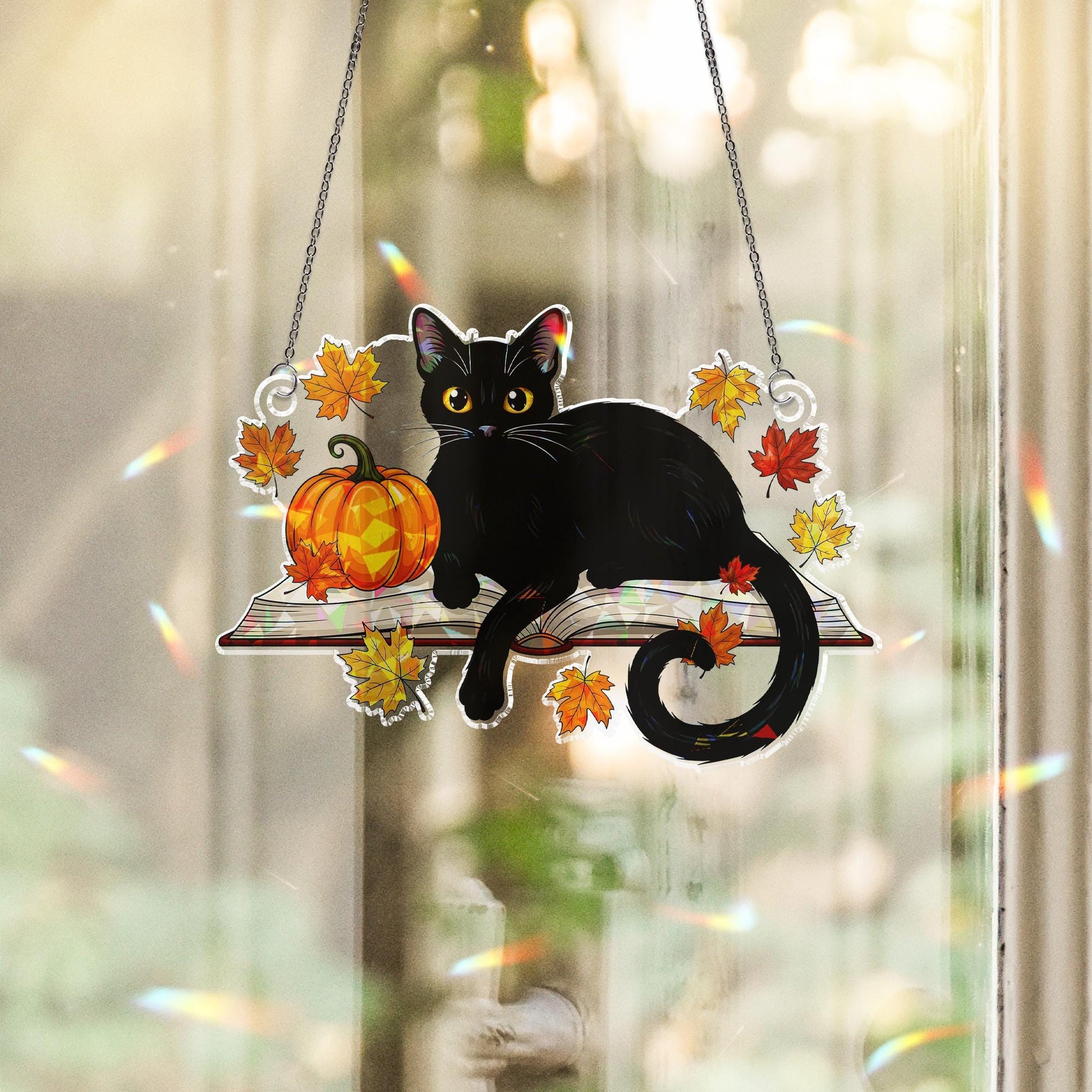 Black Cat Acrylic Window Hanging with Pumpkin, Autumn Leaves Holographic Suncatcher, Halloween Fall Window Decor Ornament