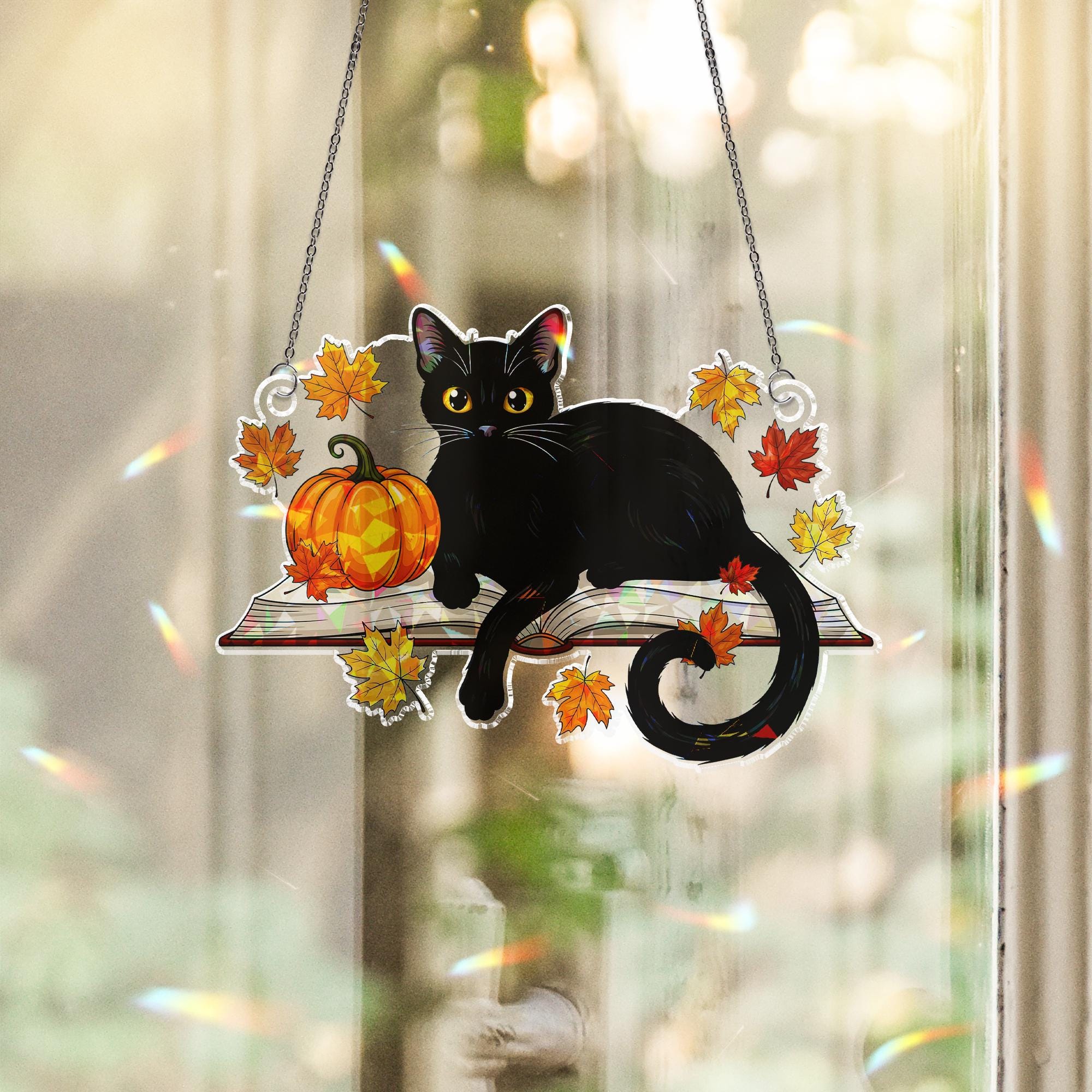 Black Cat Acrylic Window Hanging with Pumpkin, Autumn Leaves Holographic Suncatcher, Halloween Fall Window Decor Ornament