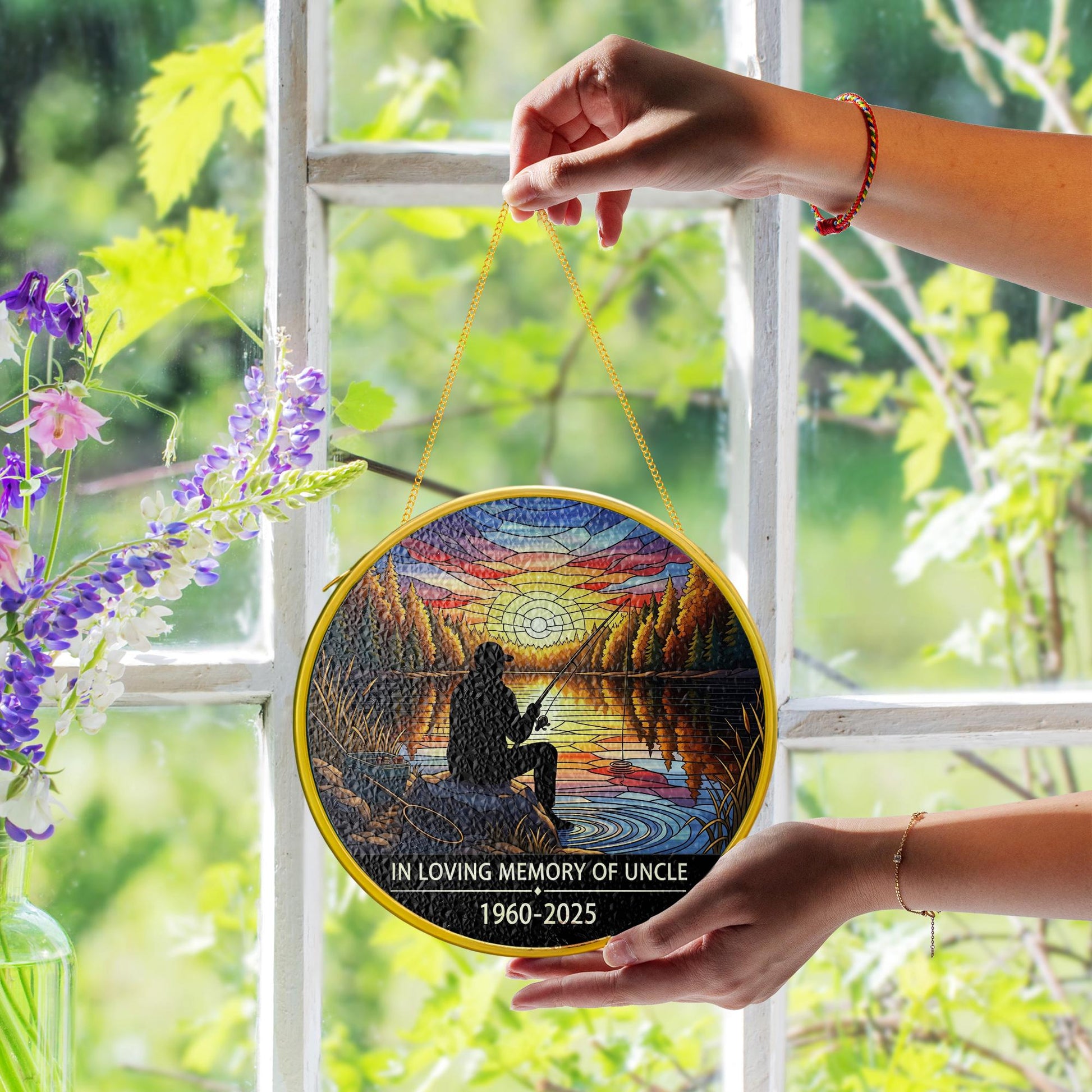 Fisherman Memorial Faux Stained Glass Suncatcher | Personalized Gold Frame Window Hanging | Sympathy Gift Fishing Sunset Decor