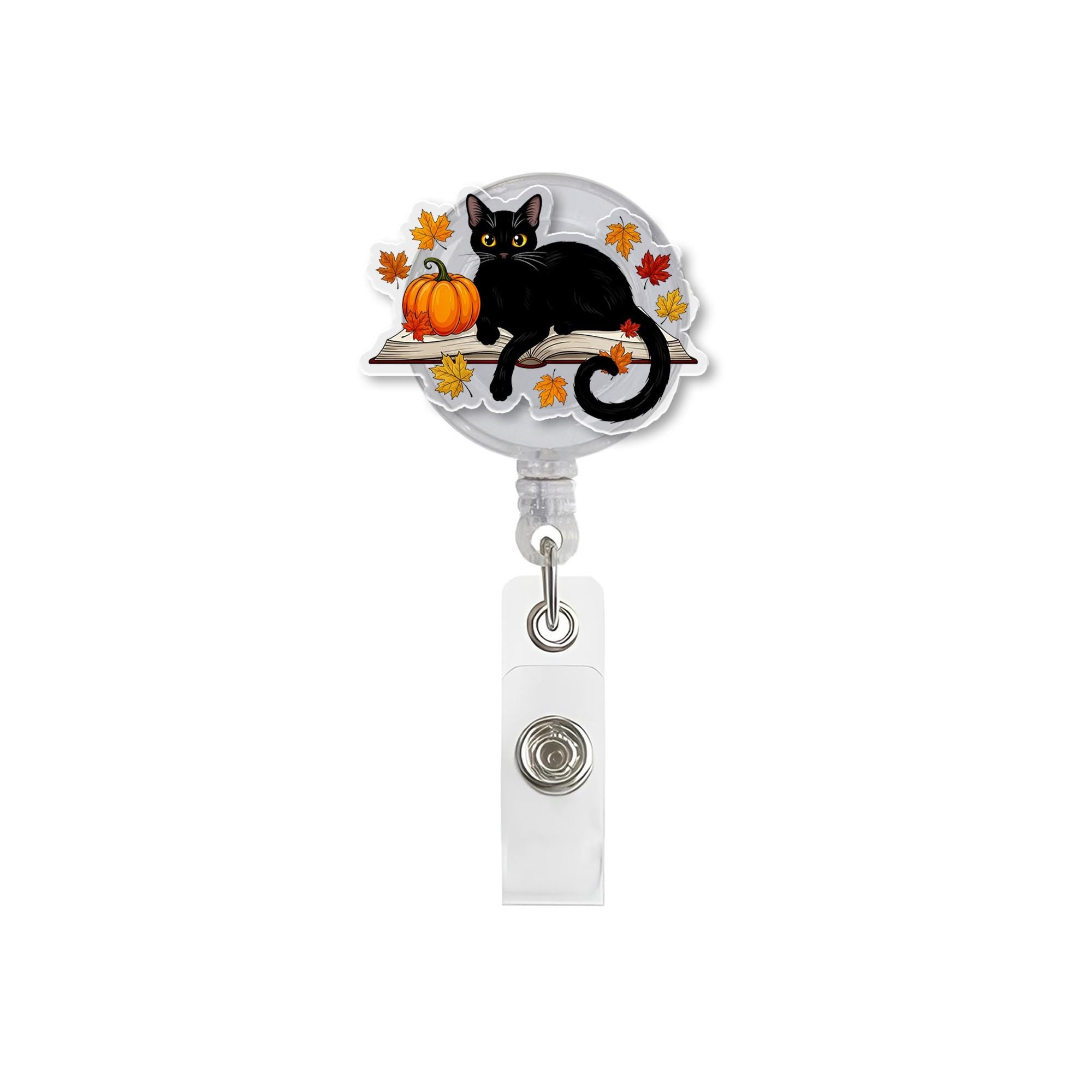 Black Cat Badge Reel with Pumpkin and Autumn Leaves, Cute Nurse ID Holder, Fall Halloween Retractable Badge Clip