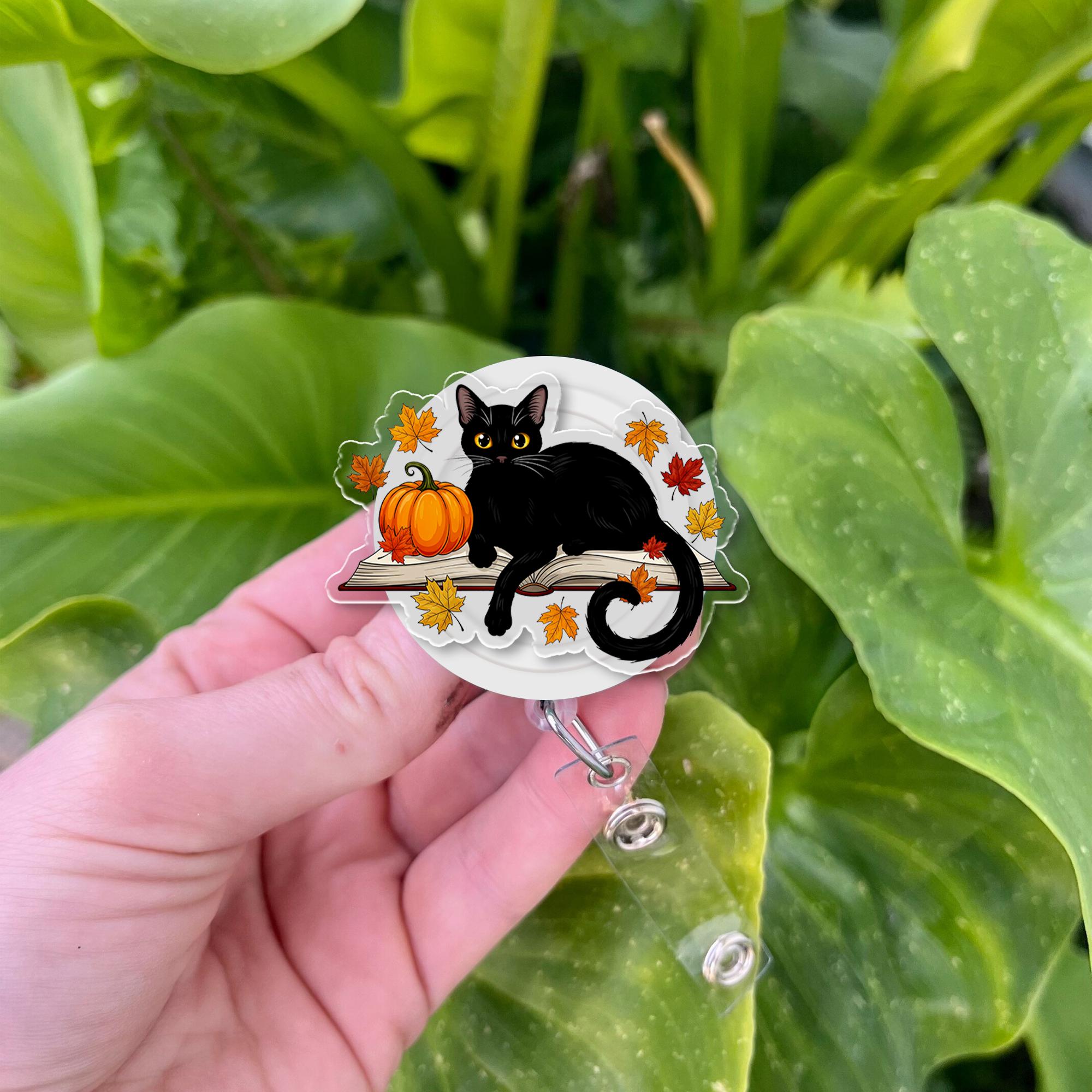 Black Cat Badge Reel with Pumpkin and Autumn Leaves, Cute Nurse ID Holder, Fall Halloween Retractable Badge Clip