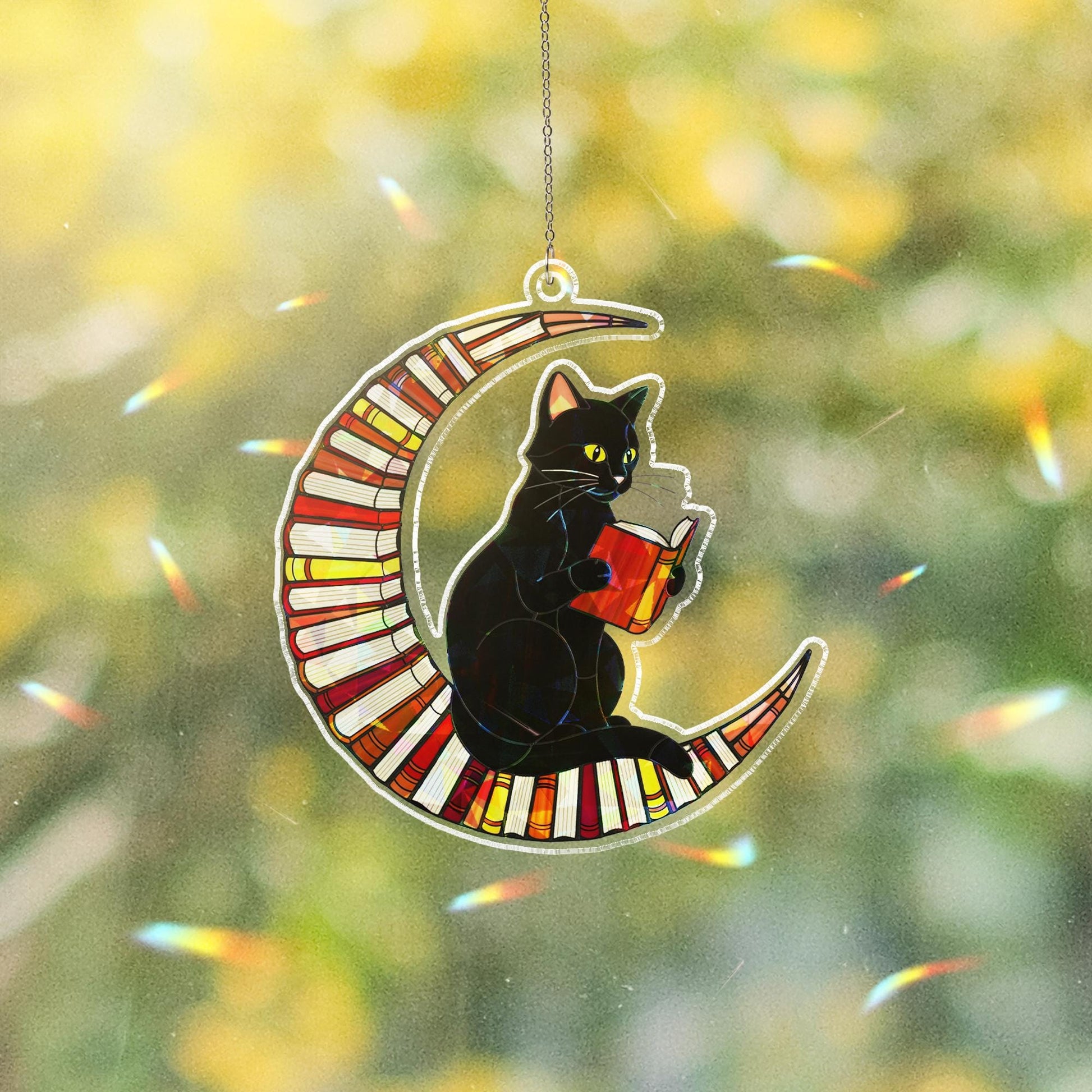 Black Cat on Crescent Moon Acrylic Window Hanging, Holographic Suncatcher, Halloween Gothic Decor, Stained Glass Style Ornament