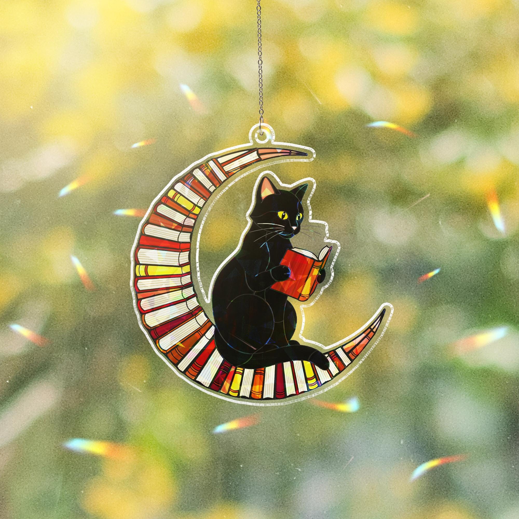 Black Cat on Crescent Moon Acrylic Window Hanging, Holographic Suncatcher, Halloween Gothic Decor, Stained Glass Style Ornament