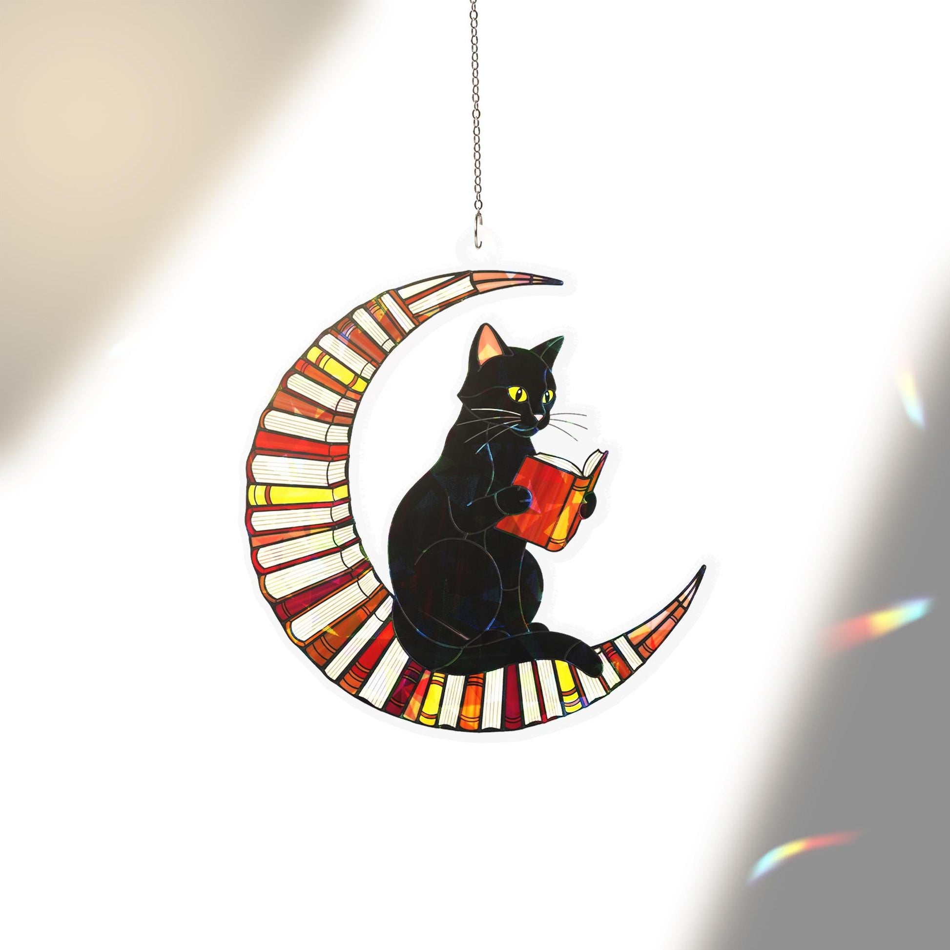 Black Cat on Crescent Moon Acrylic Window Hanging, Holographic Suncatcher, Halloween Gothic Decor, Stained Glass Style Ornament