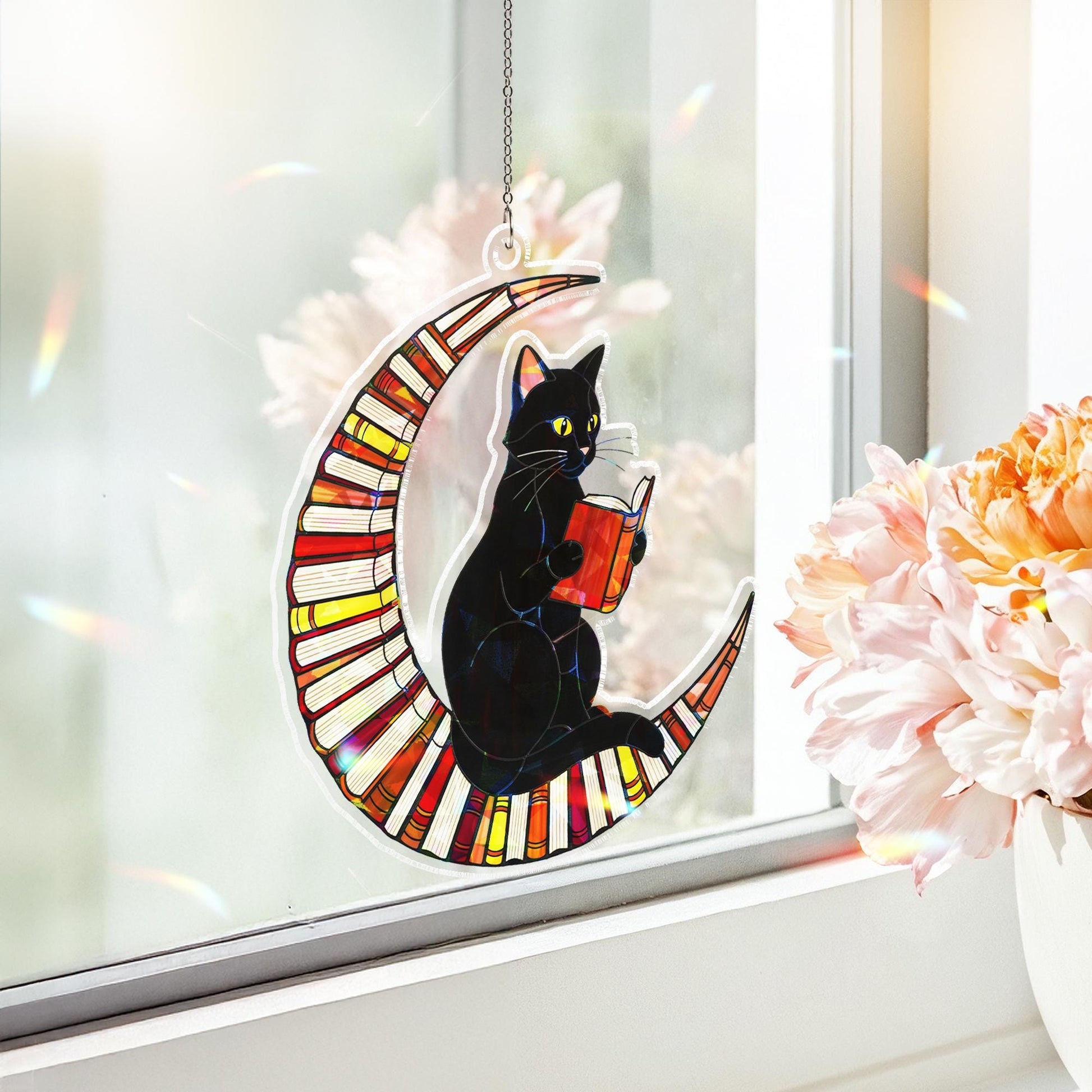 Black Cat on Crescent Moon Acrylic Window Hanging, Holographic Suncatcher, Halloween Gothic Decor, Stained Glass Style Ornament