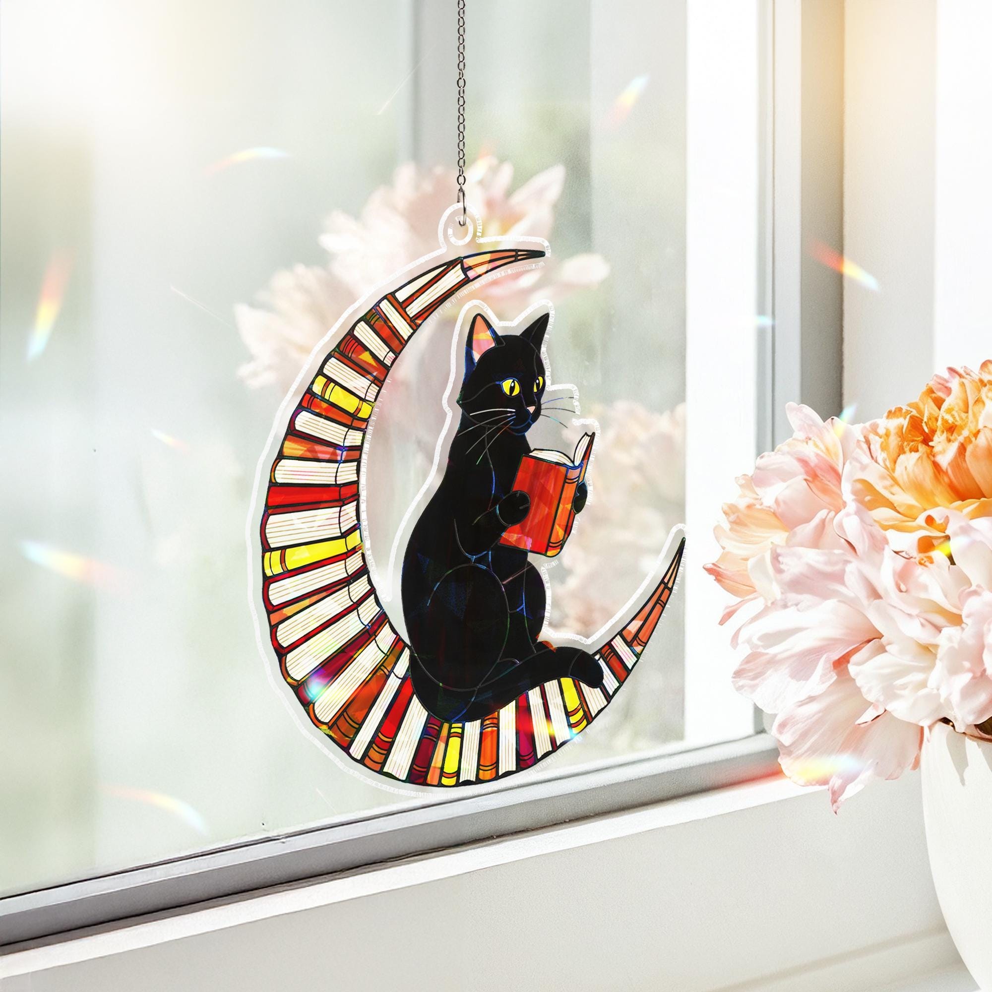 Black Cat on Crescent Moon Acrylic Window Hanging, Holographic Suncatcher, Halloween Gothic Decor, Stained Glass Style Ornament