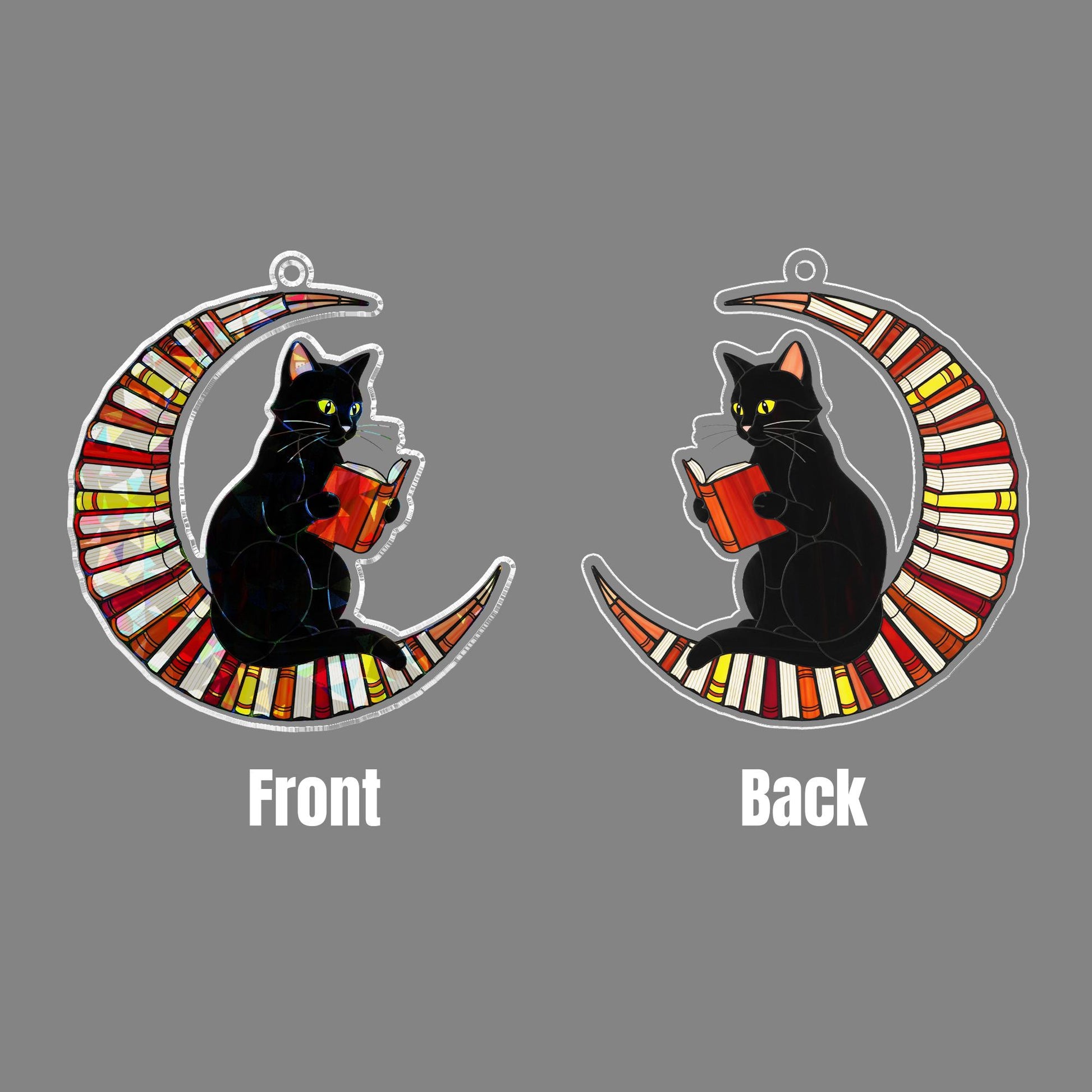 Black Cat on Crescent Moon Acrylic Window Hanging, Holographic Suncatcher, Halloween Gothic Decor, Stained Glass Style Ornament