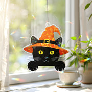 Black Cat with Witch Hat Acrylic Window Hanging, Holographic Halloween Suncatcher, Cute Spooky, Black Cat Decor