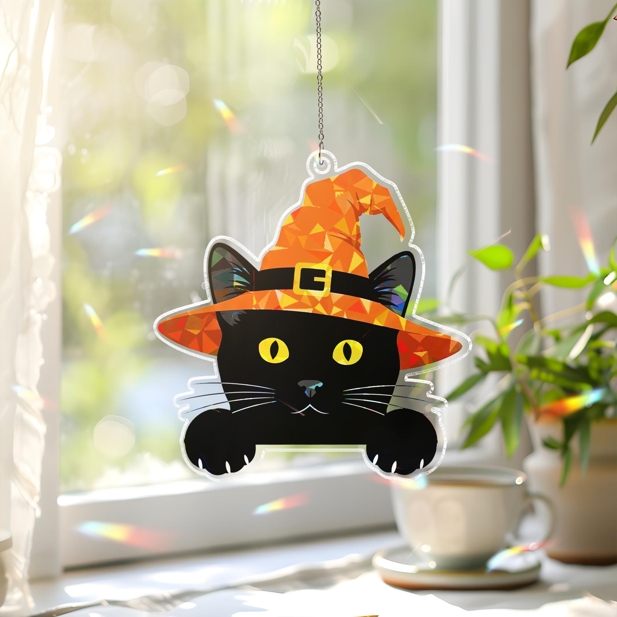 Black Cat with Witch Hat Acrylic Window Hanging, Holographic Halloween Suncatcher, Cute Spooky, Black Cat Decor