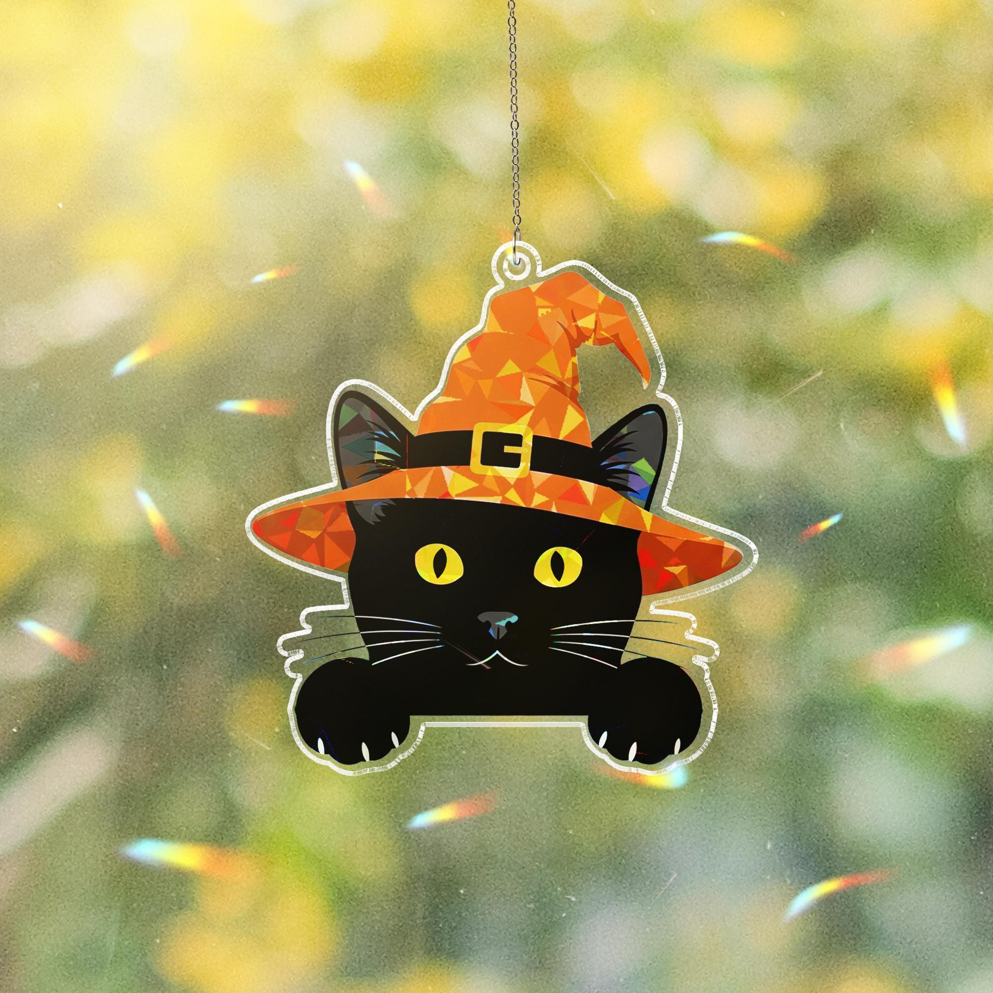 Black Cat with Witch Hat Acrylic Window Hanging, Holographic Halloween Suncatcher, Cute Spooky, Black Cat Decor