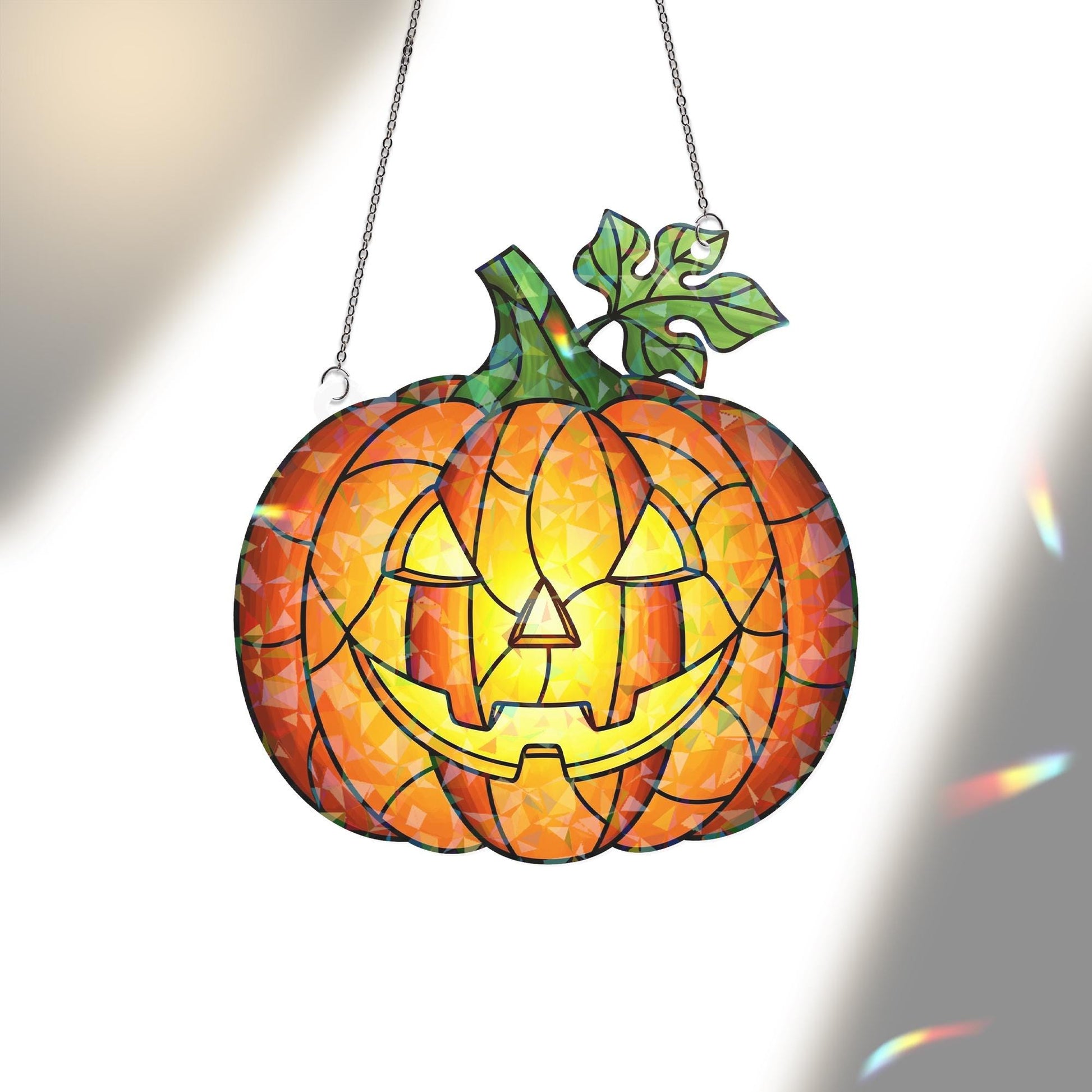 Halloween Pumpkin Hologram Window Hanging | Jack O Lantern Faux Stained Glass Decor | Spooky Fall Home & Party Decoration