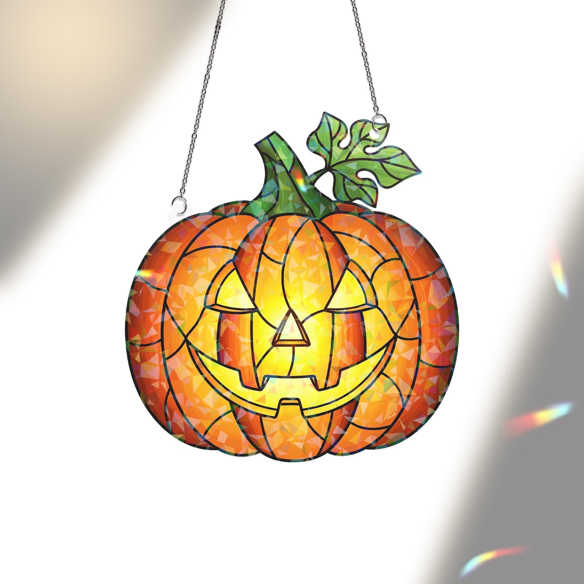 Halloween Pumpkin Hologram Window Hanging | Jack O Lantern Faux Stained Glass Decor | Spooky Fall Home & Party Decoration
