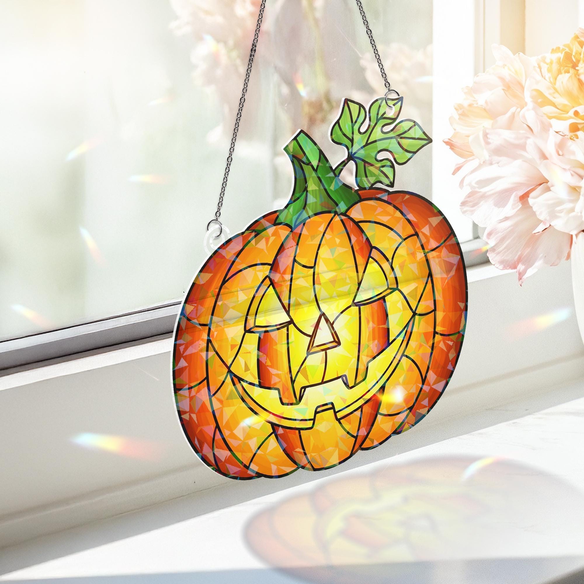 Halloween Pumpkin Hologram Window Hanging | Jack O Lantern Faux Stained Glass Decor | Spooky Fall Home & Party Decoration
