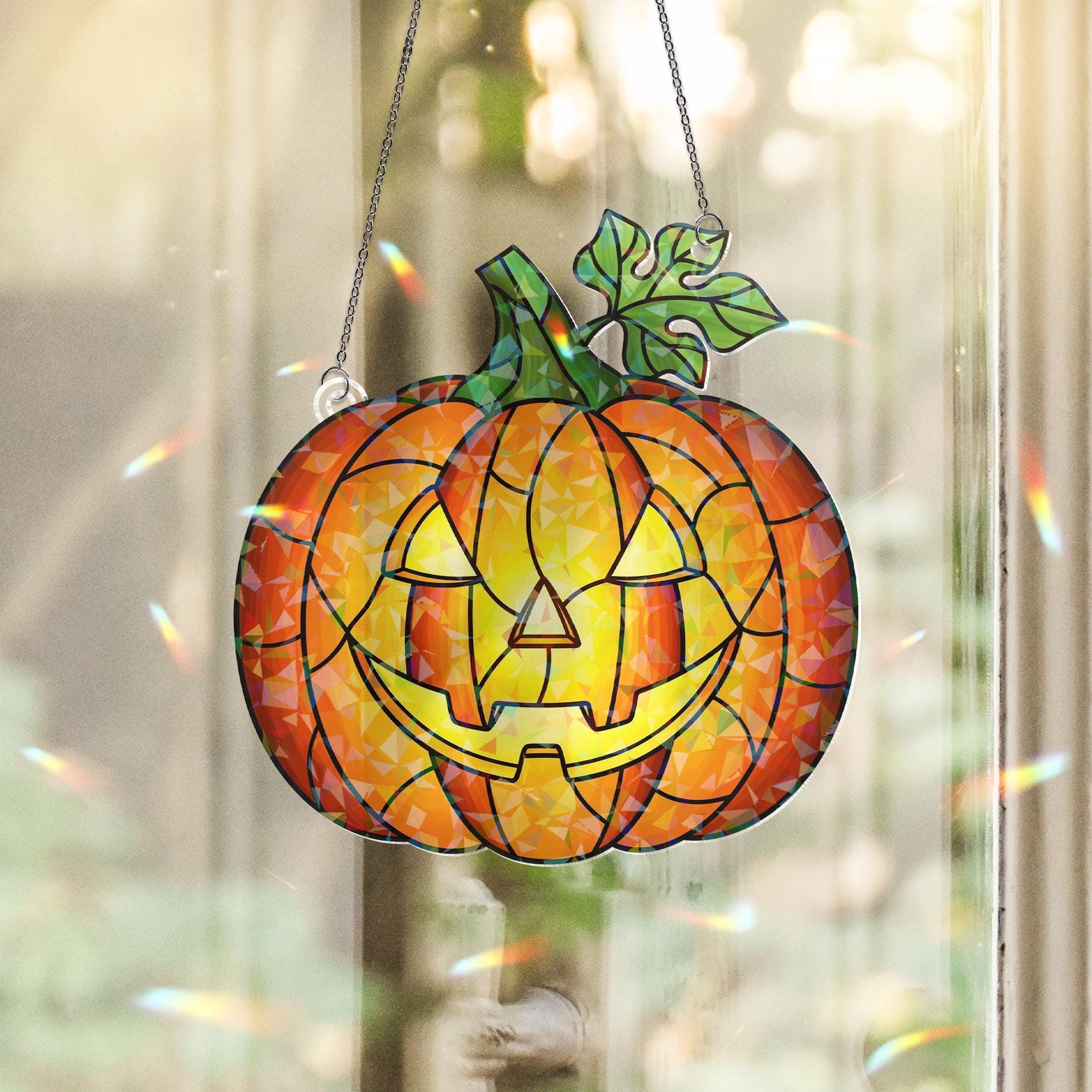 Halloween Pumpkin Hologram Window Hanging | Jack O Lantern Faux Stained Glass Decor | Spooky Fall Home & Party Decoration