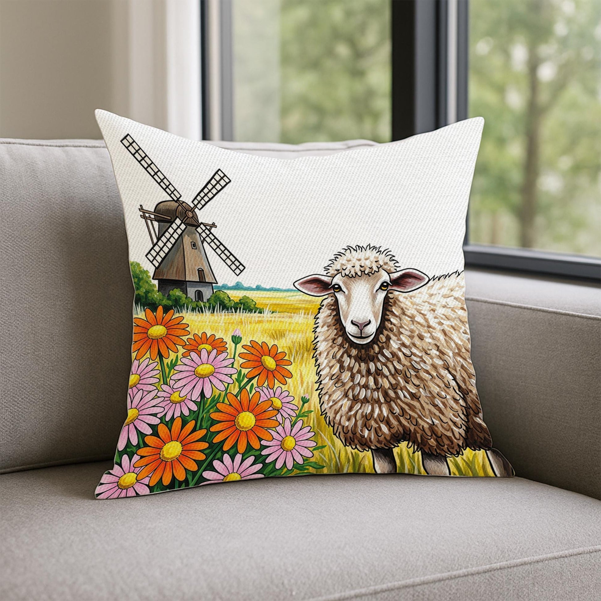 Farmhouse Sheep Decorative Pillow | Rustic Windmill Throw Pillow with Flowers | Country Cottage Living Room Farmhouse Decor
