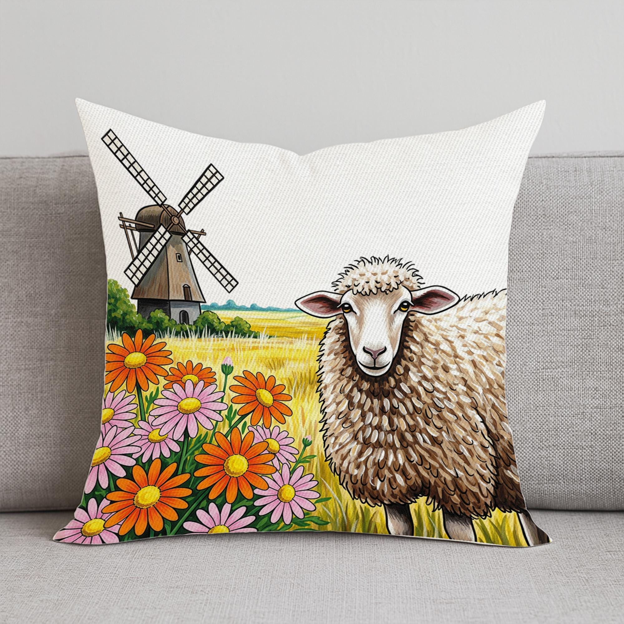 Farmhouse Sheep Decorative Pillow | Rustic Windmill Throw Pillow with Flowers | Country Cottage Living Room Farmhouse Decor
