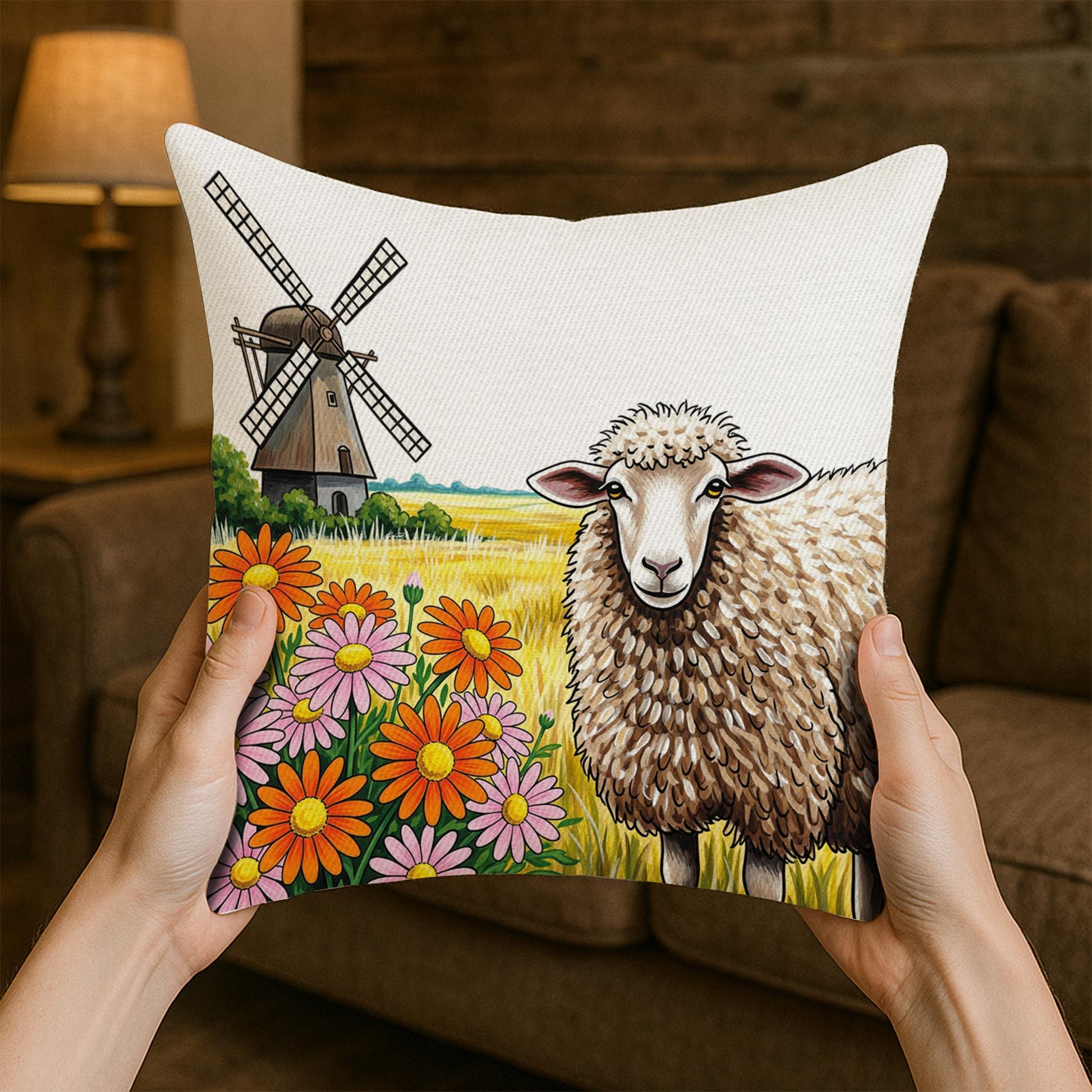 Farmhouse Sheep Decorative Pillow | Rustic Windmill Throw Pillow with Flowers | Country Cottage Living Room Farmhouse Decor