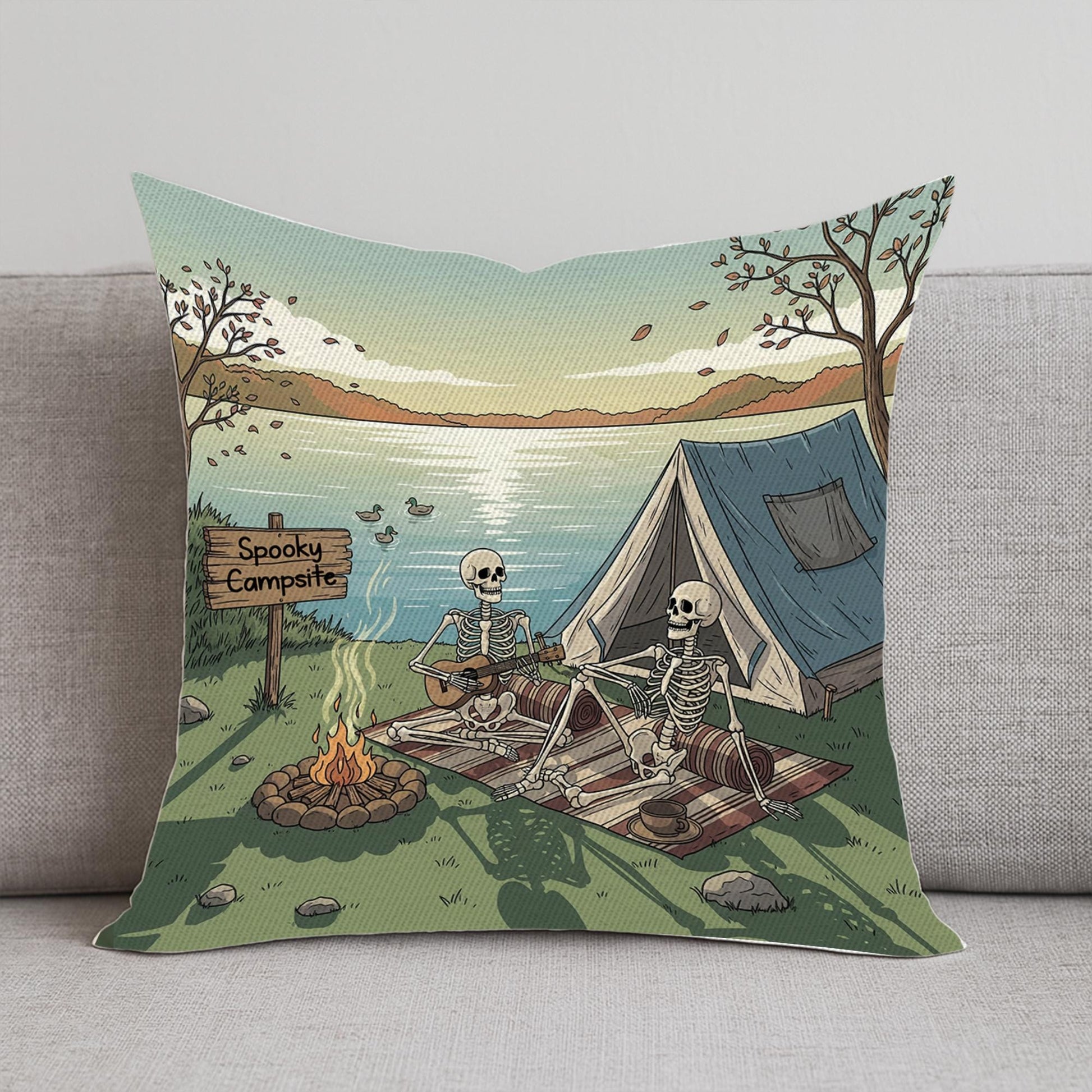 Halloween Skeleton Camping Pillow | Spooky Campsite Throw Pillow | Gothic Rustic Cabin Decor | Skeleton Campfire Cushion