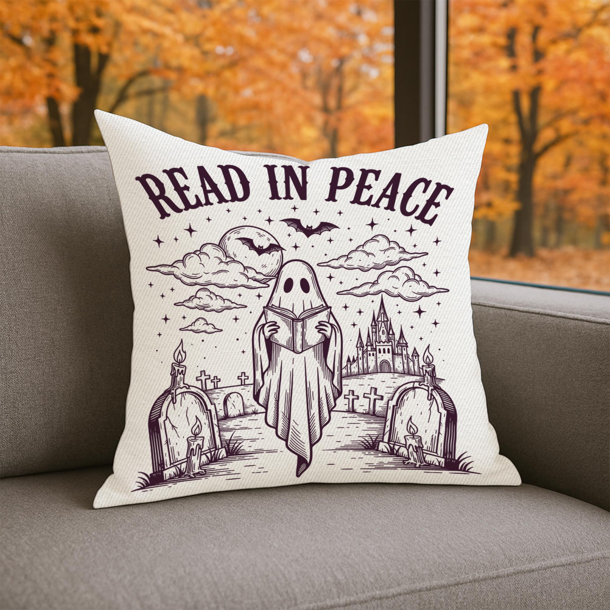 Read in Peace Halloween Pillow | Gothic Ghost Throw Pillow | Spooky Reading Cushion | Horror Book Lover Haunted Home Decor