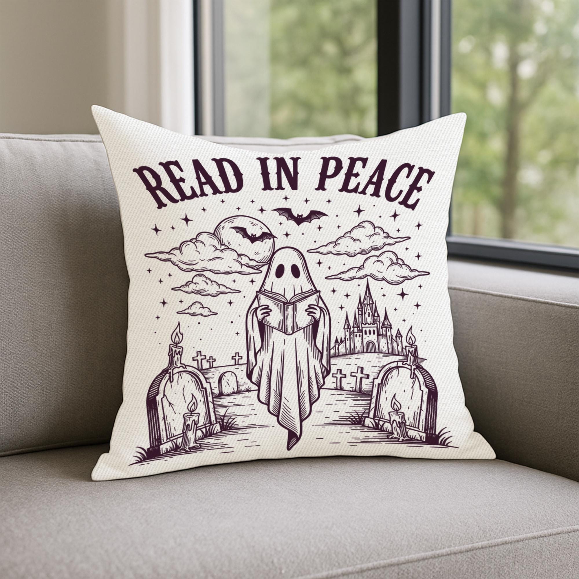 Read in Peace Halloween Pillow | Gothic Ghost Throw Pillow | Spooky Reading Cushion | Horror Book Lover Haunted Home Decor